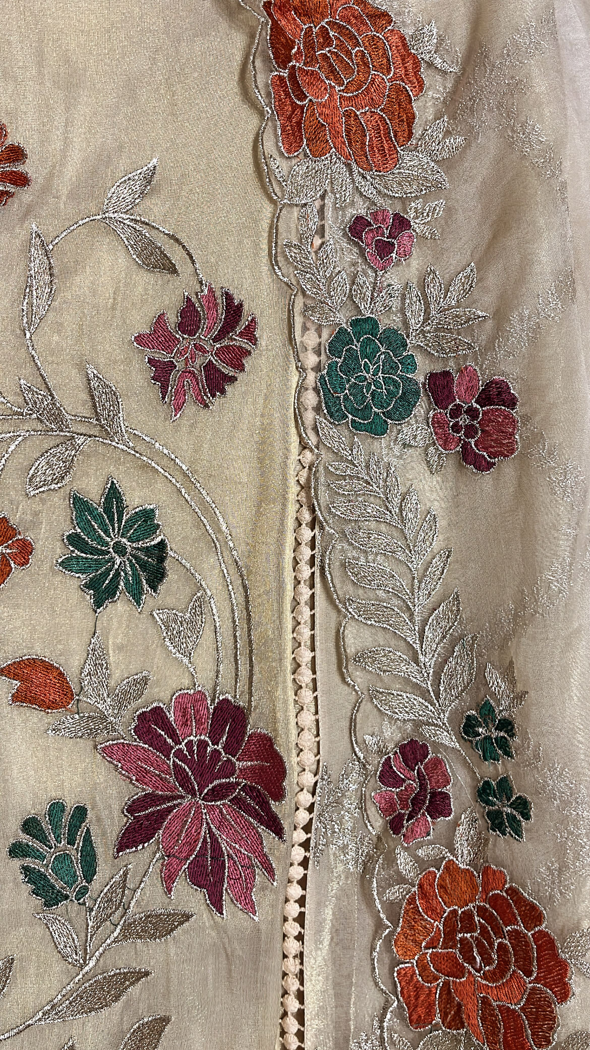 Ivory Gold Tissue Suit with colorful thread work
