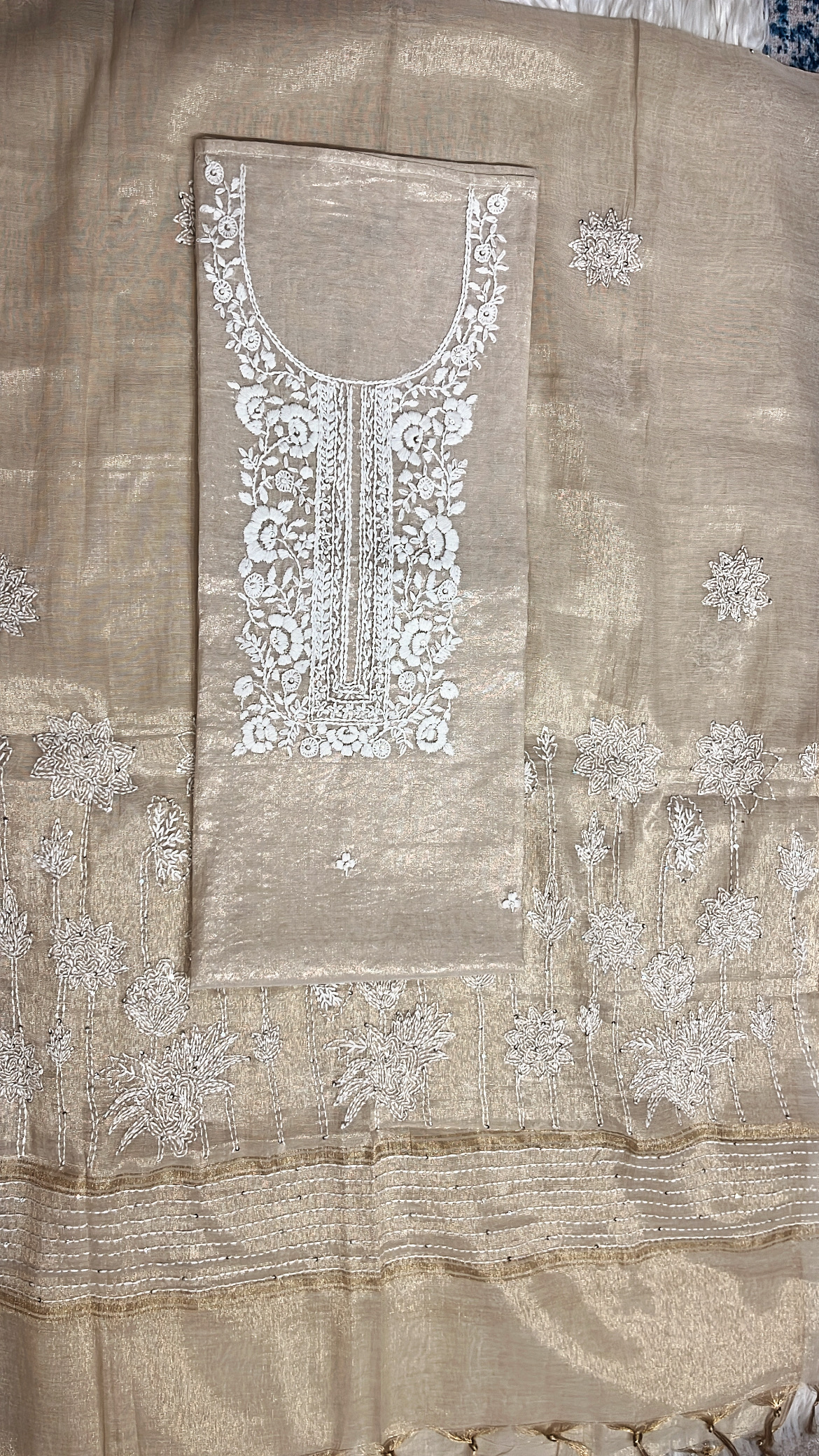 Embroidered Beige Gold Lucknowi Tissue Suit