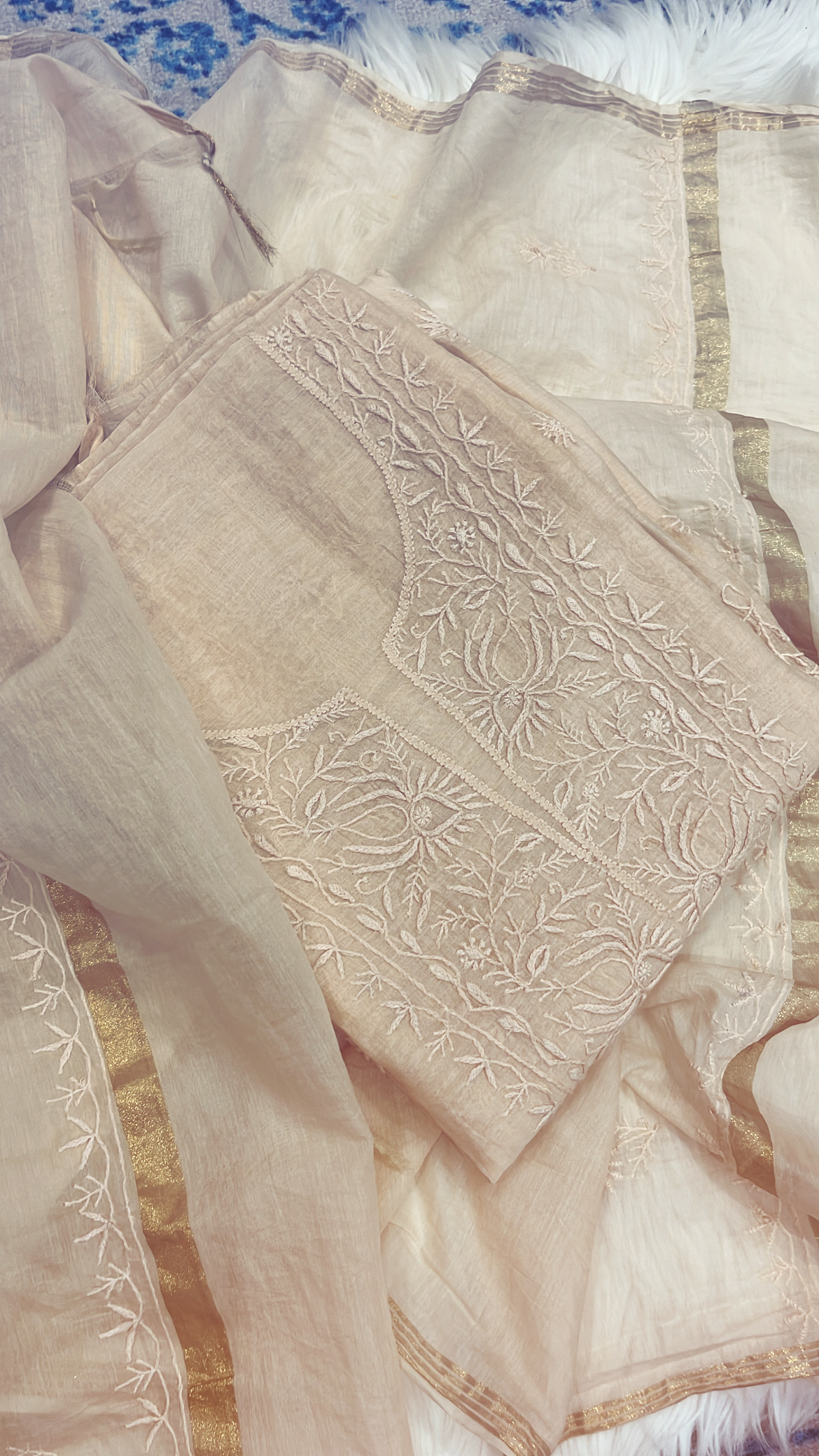 Embroidered Beige Lucknowi Mul Cotton Suit