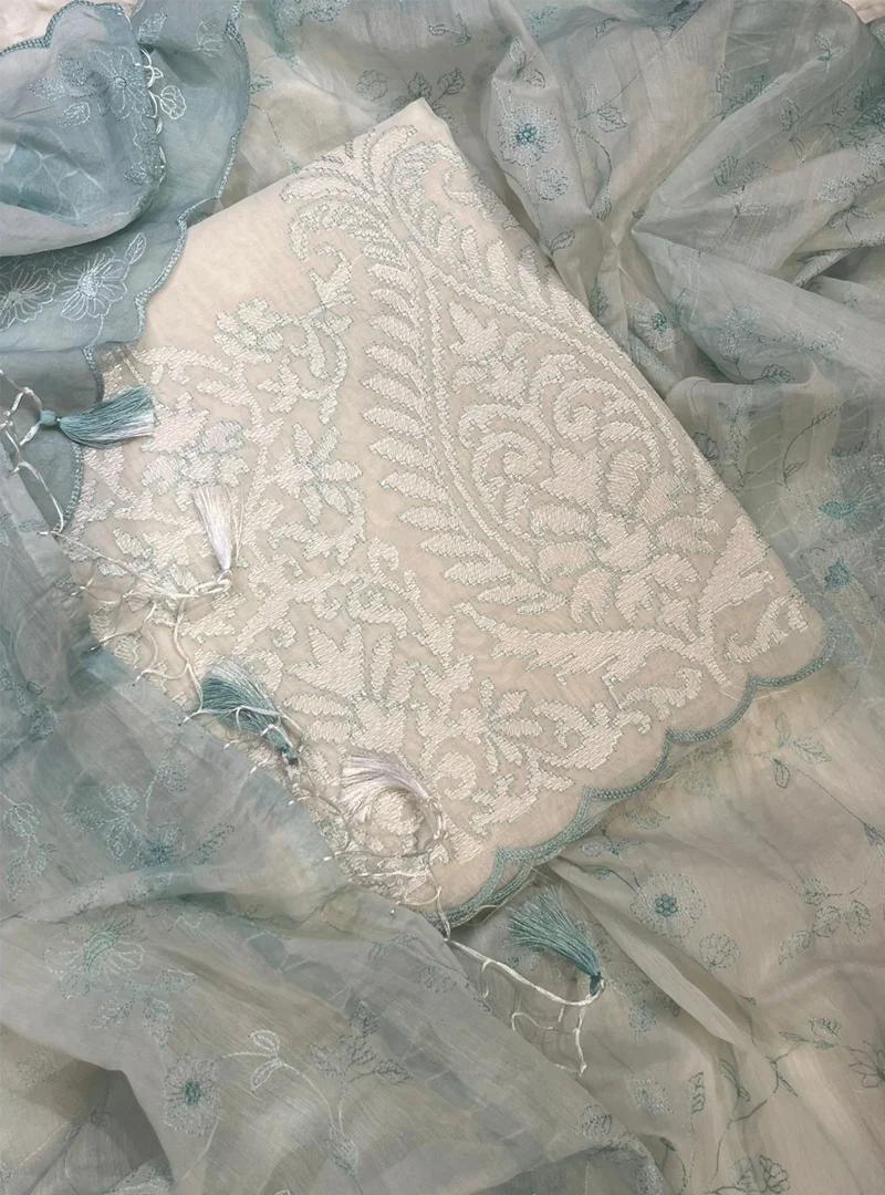 Classic White Embroidered Mul Chanderi Suit
