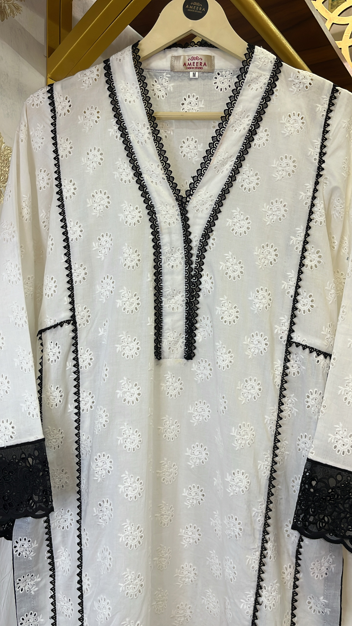 White Chicken Schiffli with Lacey work