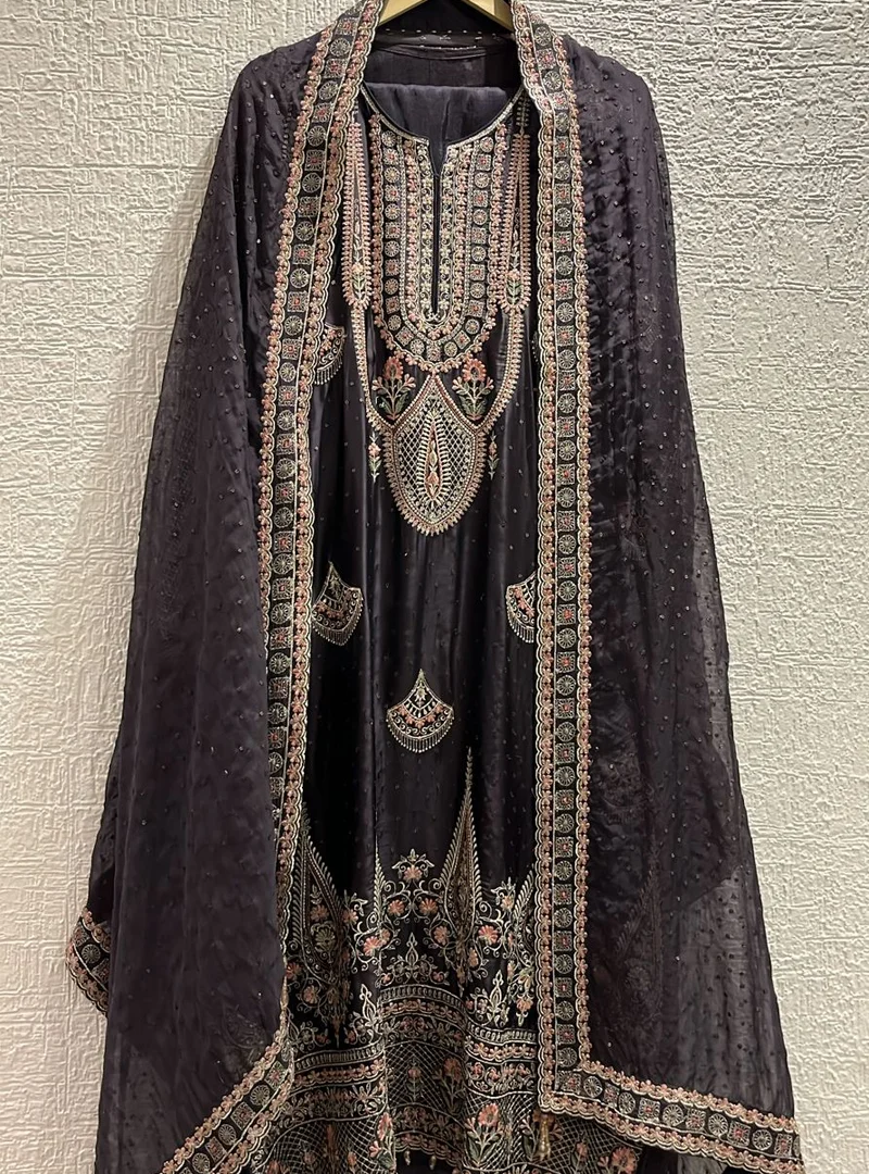 Embroidered Charcoal Grey Parsi Delight