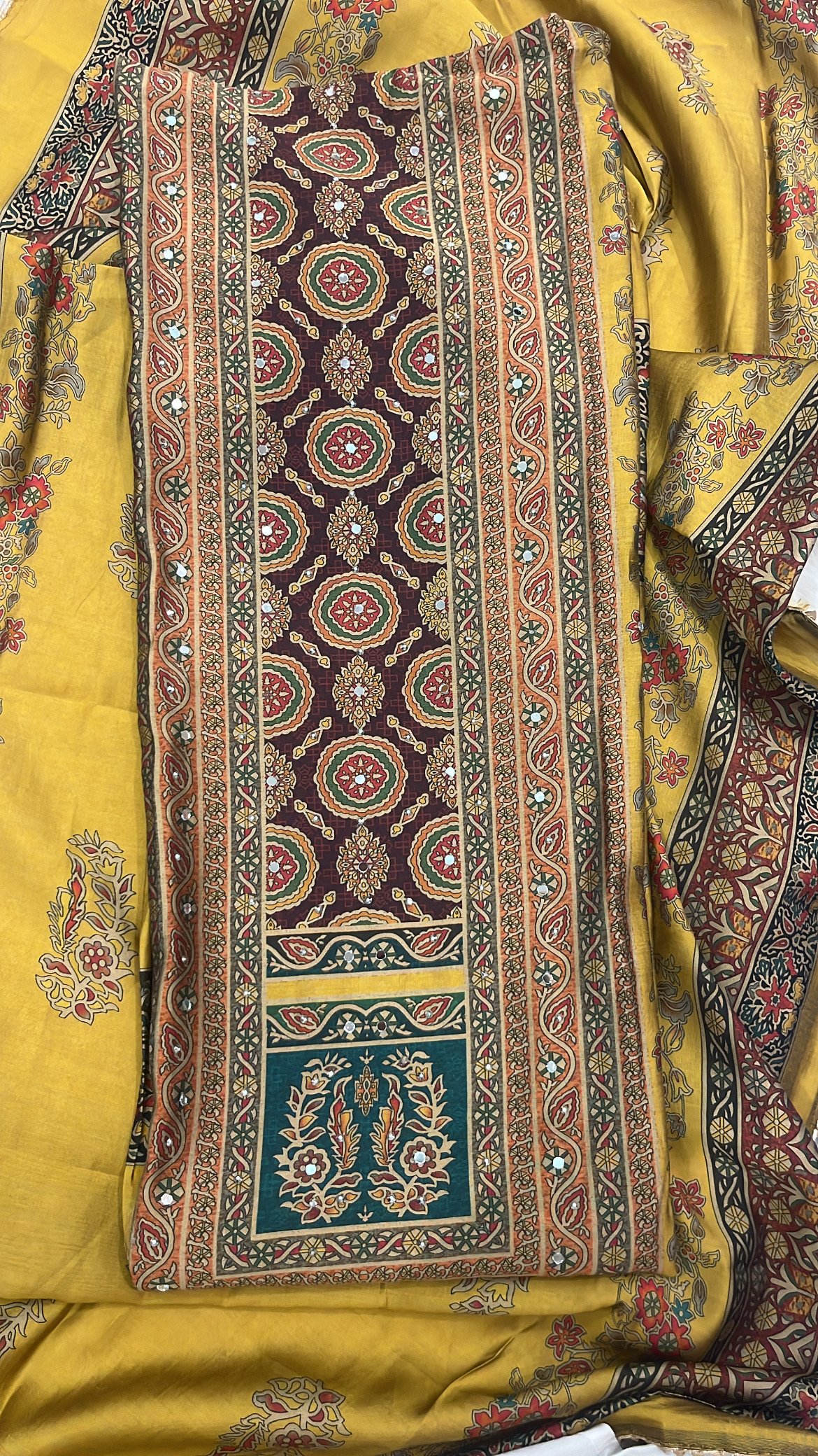 Mustard Yellow Printed Muslin Cotton Suit