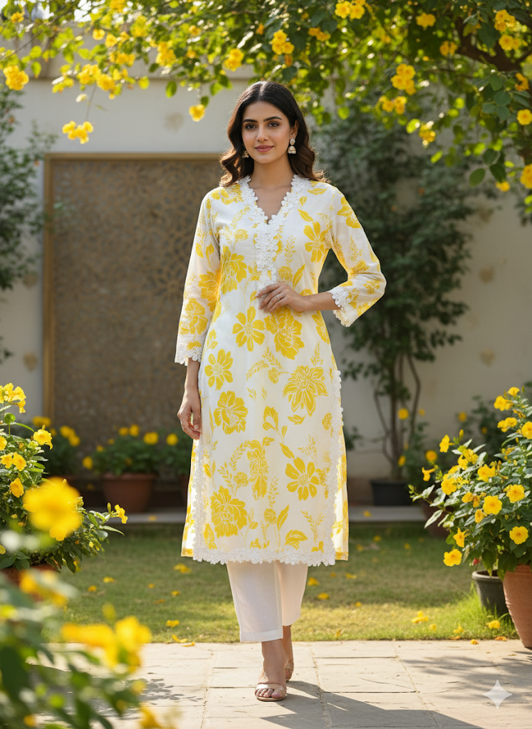 Yellow Floral Printed Kurta Set