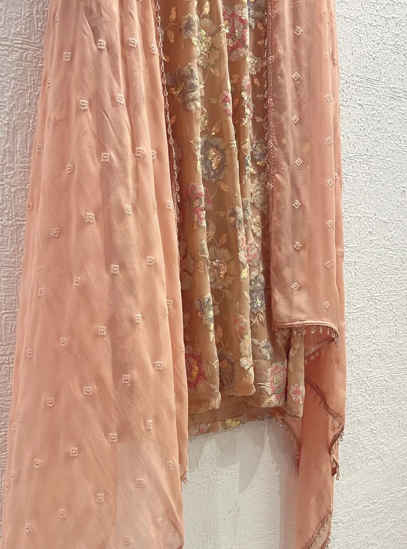 Peach Floral Embroidered Suit