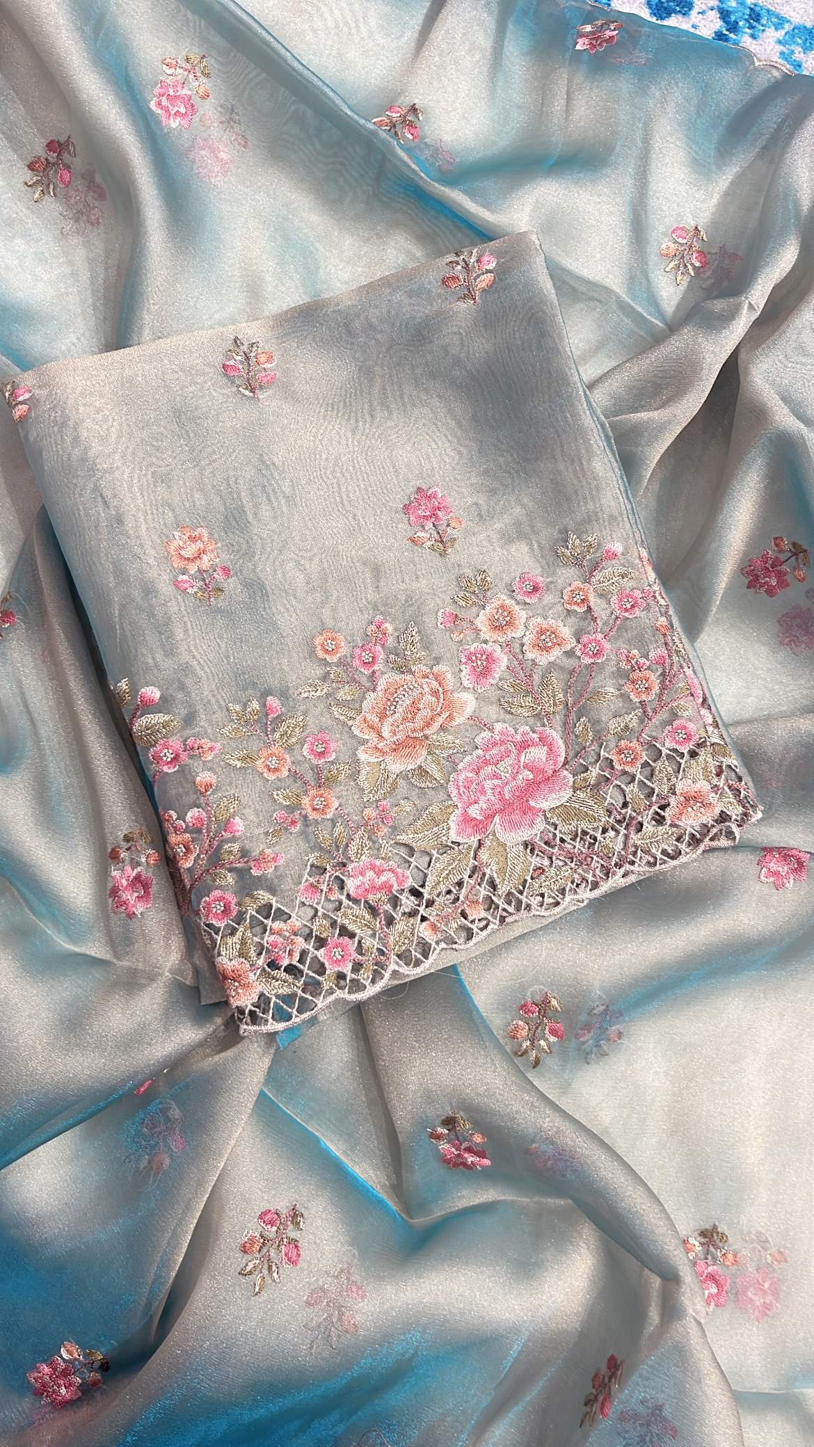 Floral Embroidered Cut-work Tissue Suit
