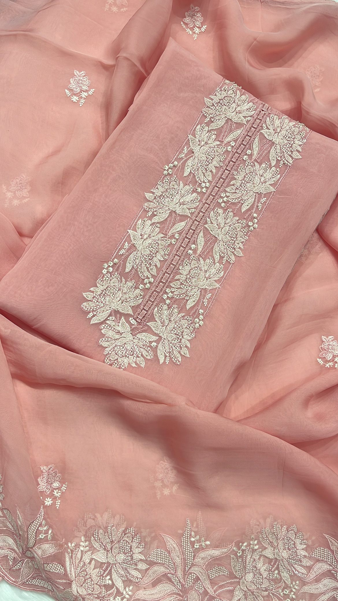 Blush Pink Floral Embroidered Organza Suit