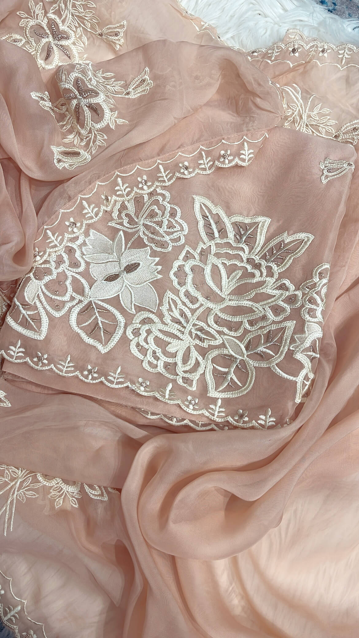 Nude Peach Soft organza with Thread work