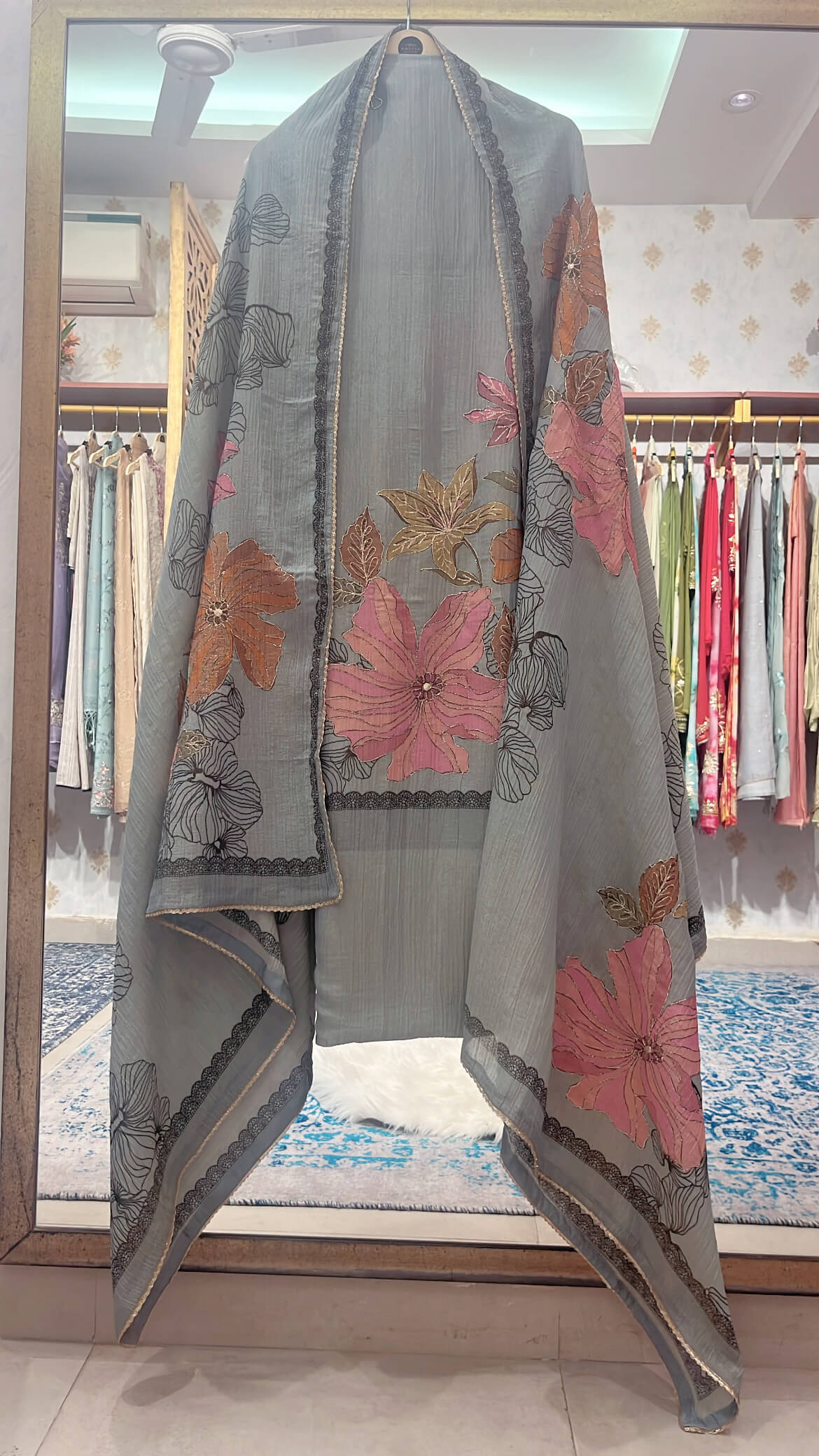 Gray Crush Tissue Suit with digital print