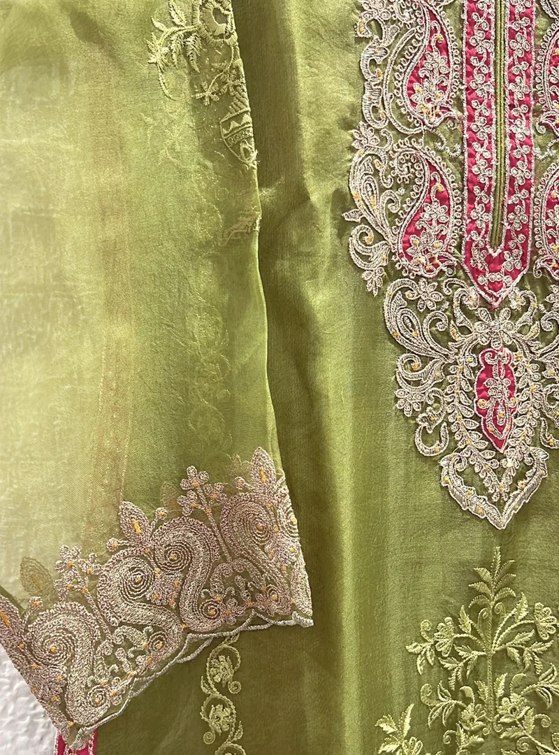 Embroidered Mehndi Green Parsi Delight