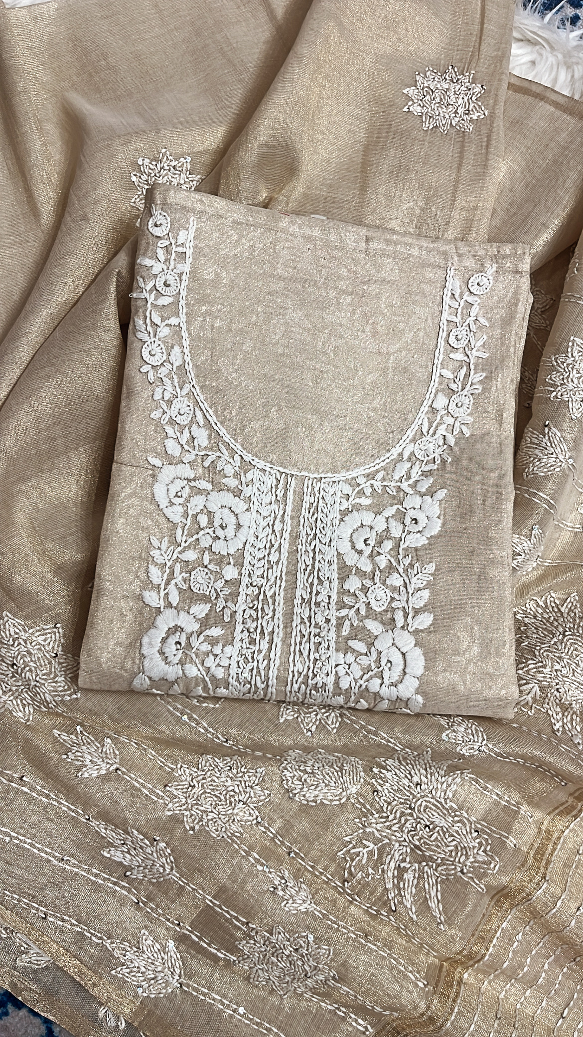 Embroidered Beige Gold Lucknowi Tissue Suit