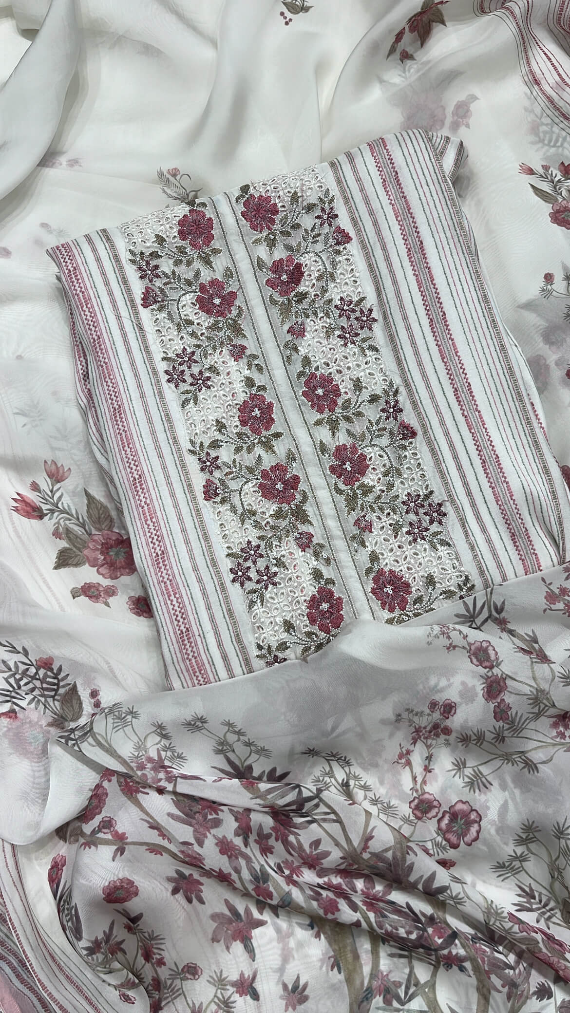 White Printed Stripes Muslin Cotton Suit