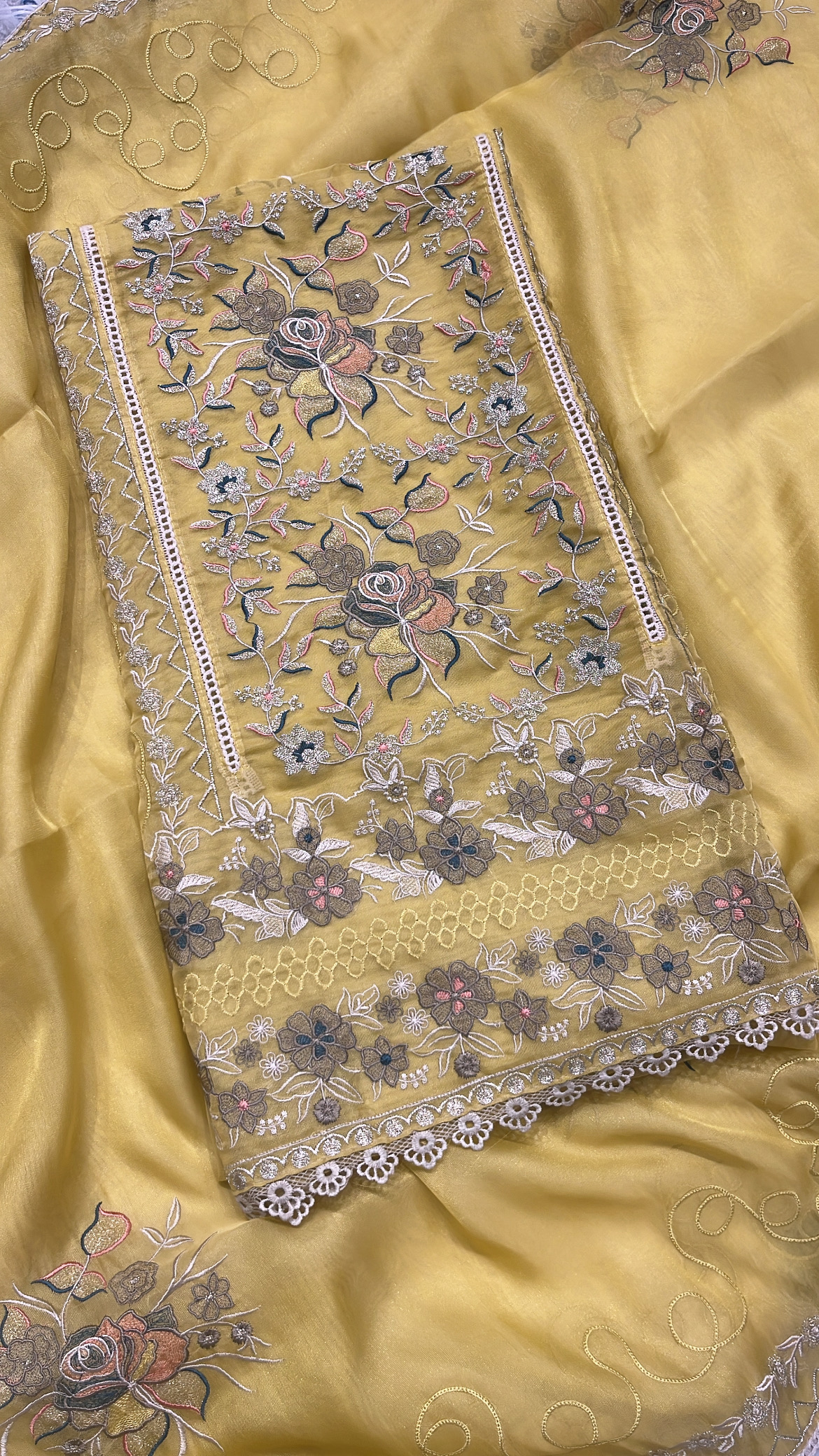 Embroidered Yellow Organza Fabric
