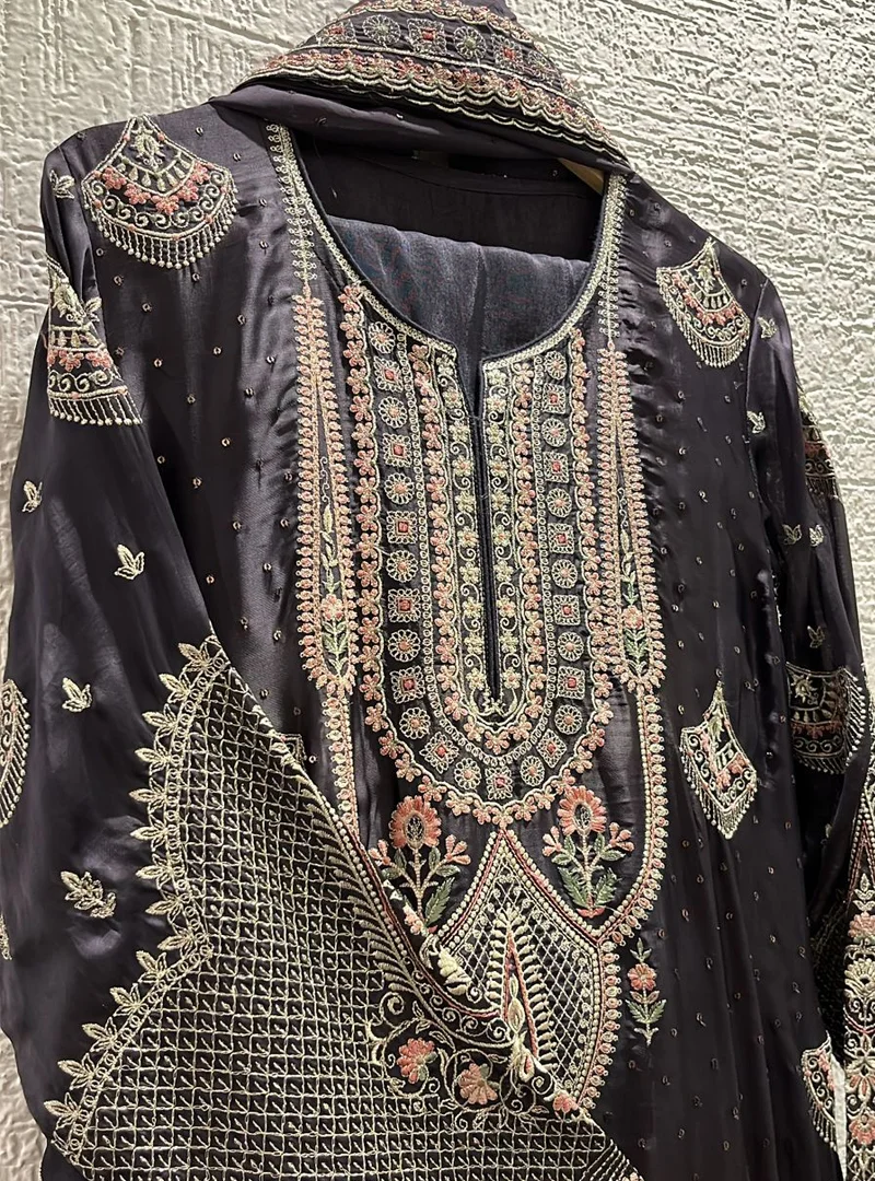 Embroidered Charcoal Grey Parsi Delight