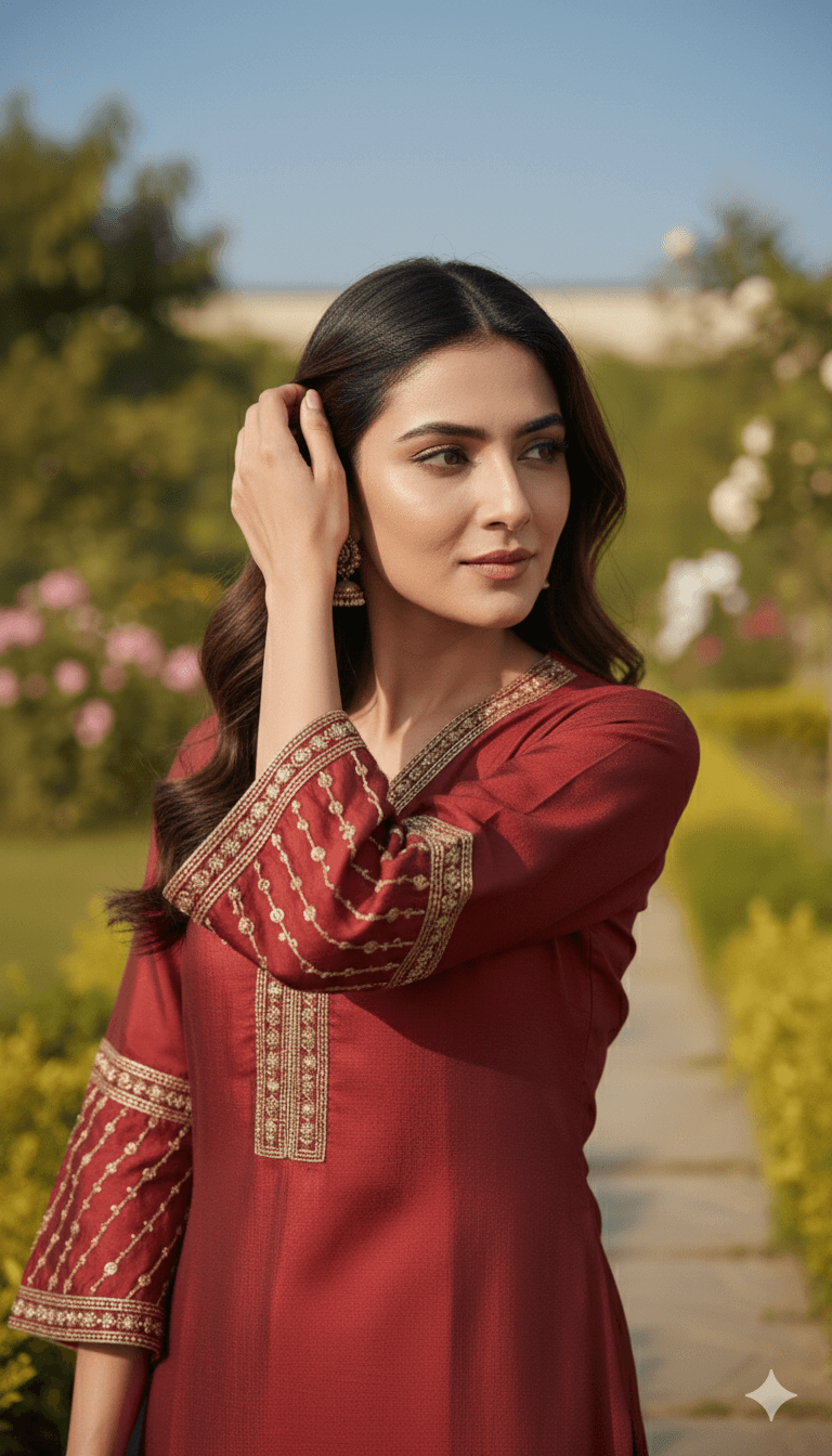 Coral Red Embroidered Co-ord Set