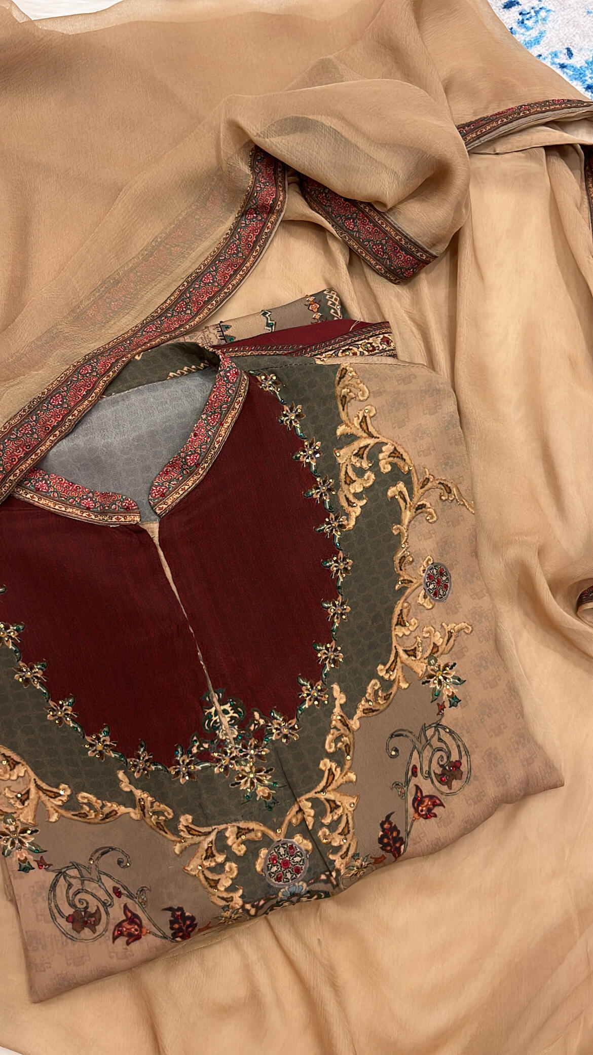 Deep Beige Printed Crepe Suit
