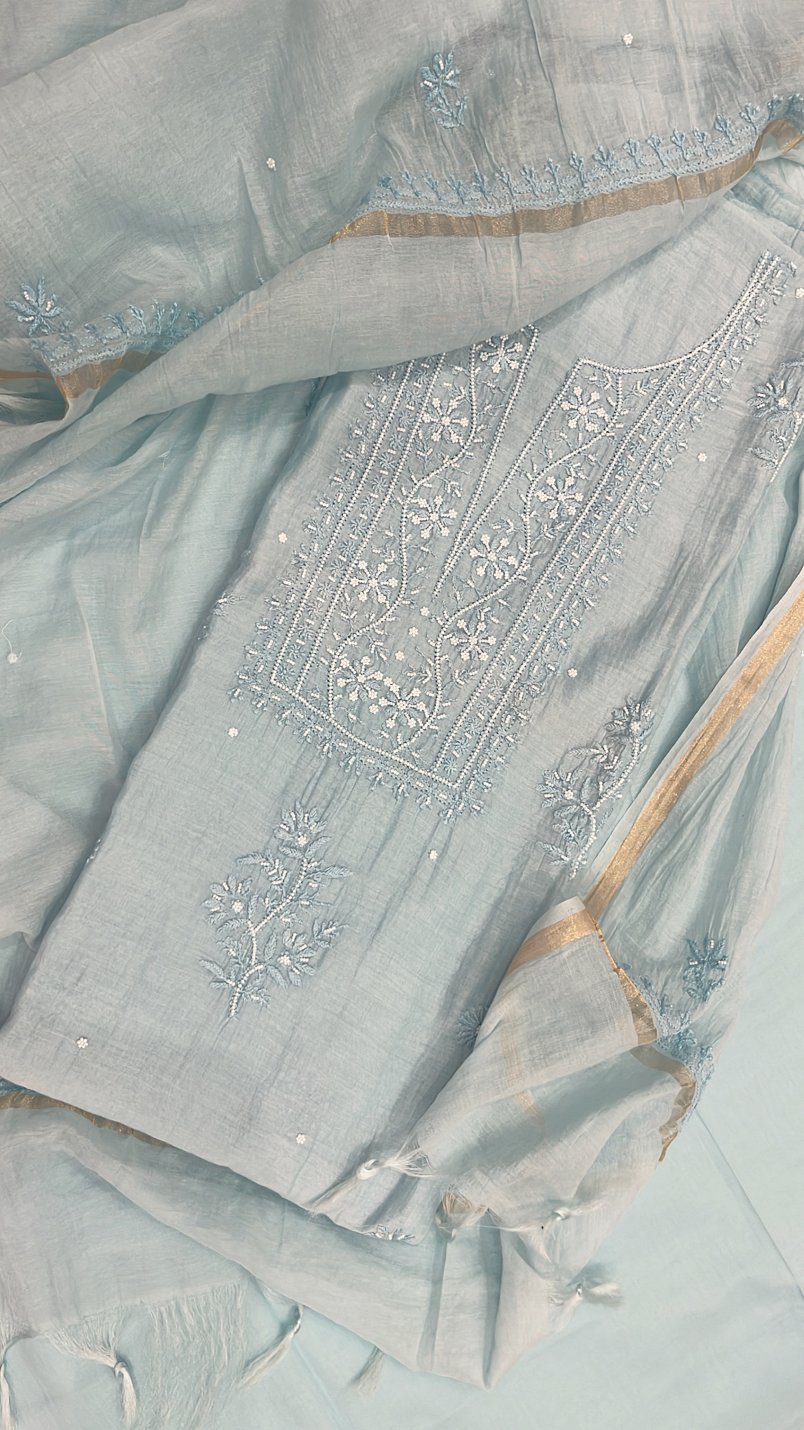 Embroidered Light Blue Lucknowi Mul Cotton Suit 