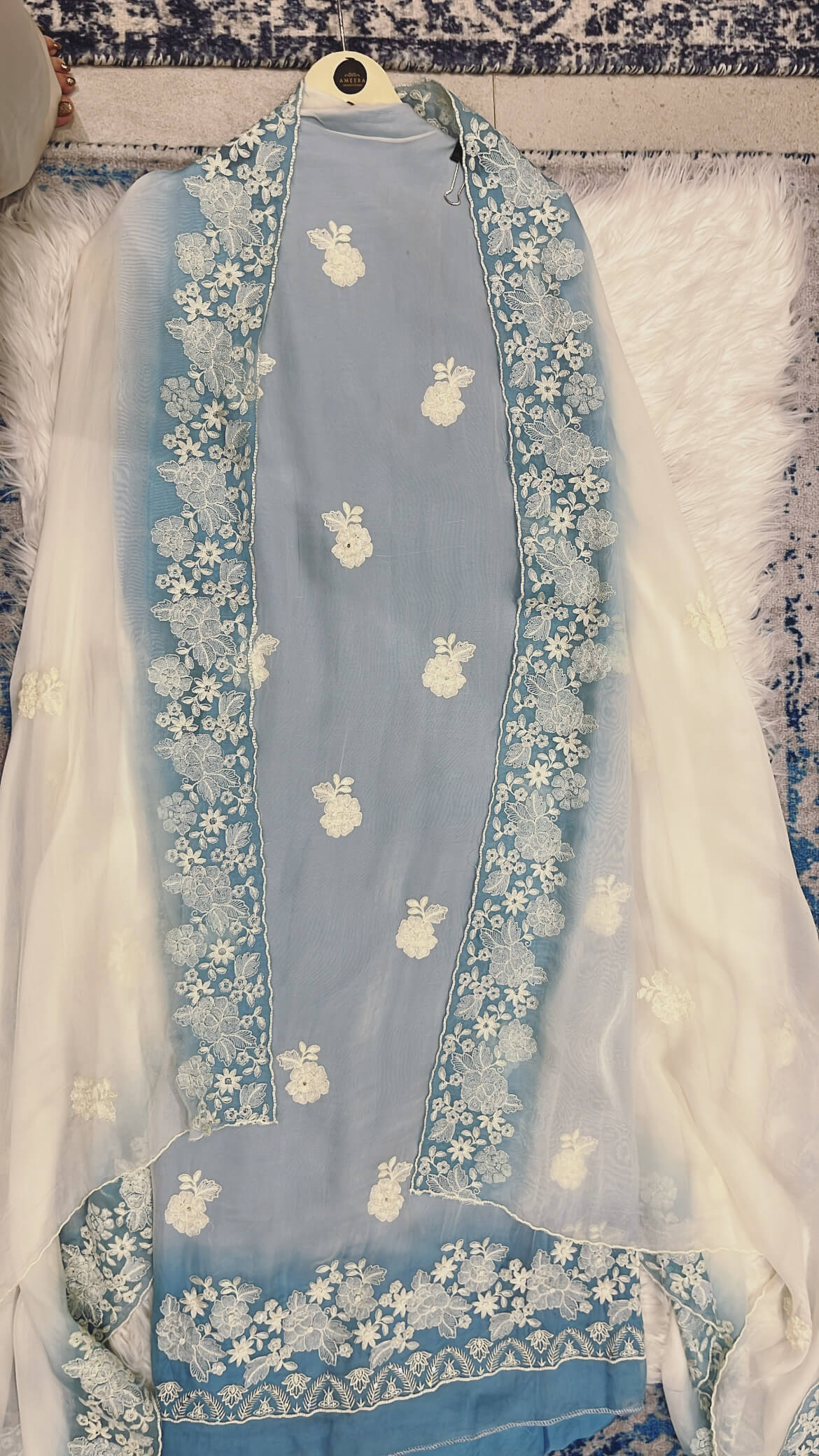 White and Blue Soft Bamber Organza Suit