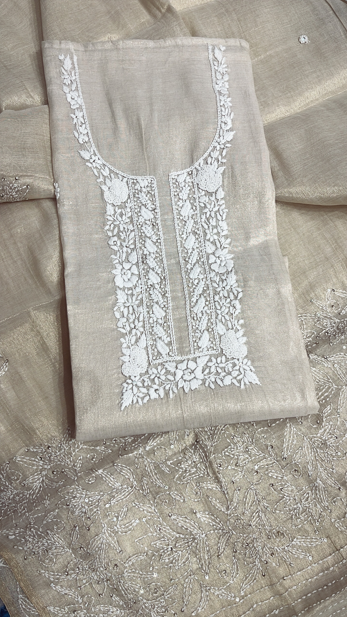 Embroidered Beige Gold Lucknowi Tissue Suit