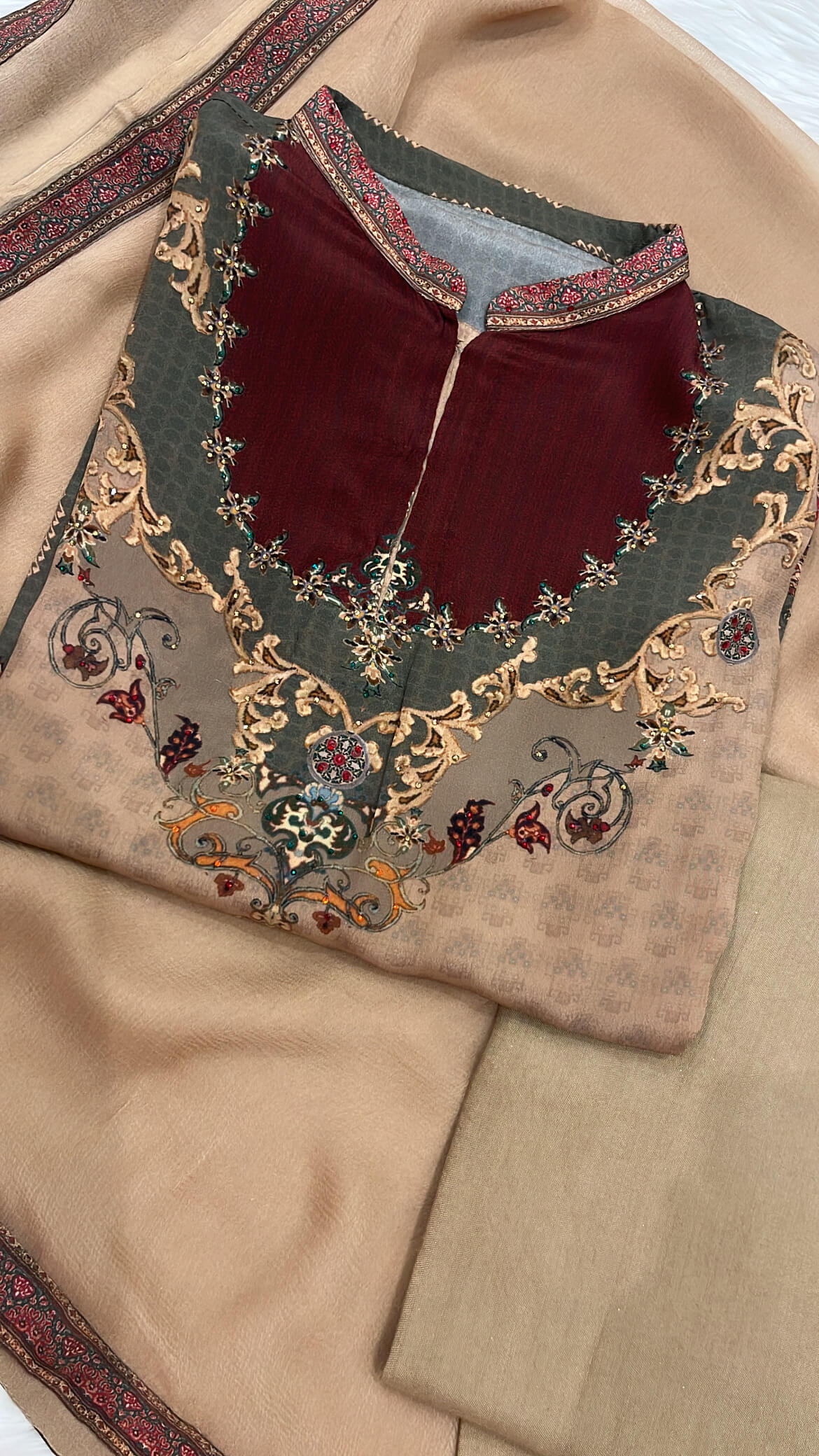 Deep Beige Printed Crepe Suit