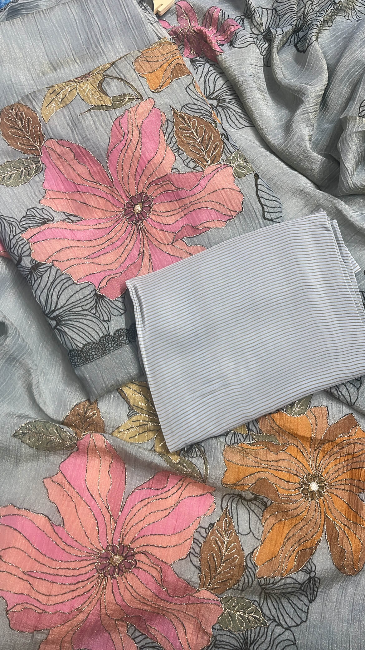 Gray Crush Tissue Suit with digital print