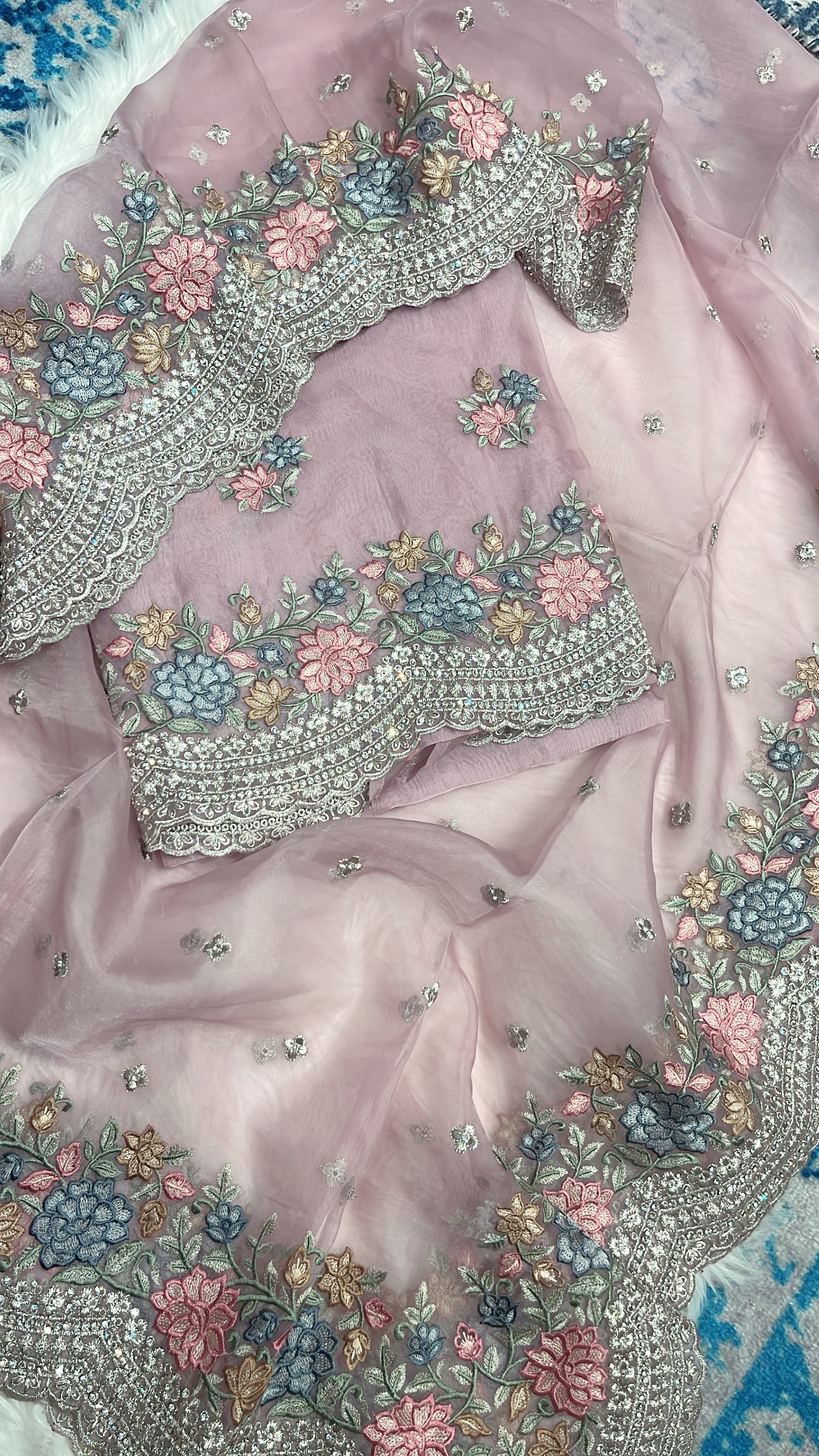 Organza Tissue with Parsi thread and Silver Zari