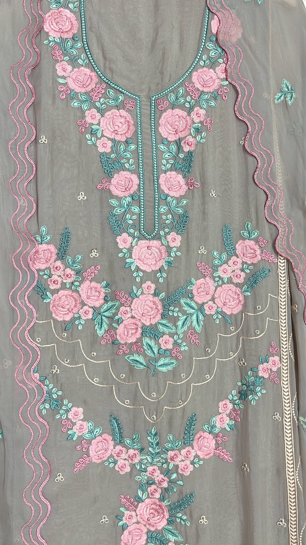 Gray Floral Thread Embroidered Soft Organza Suit