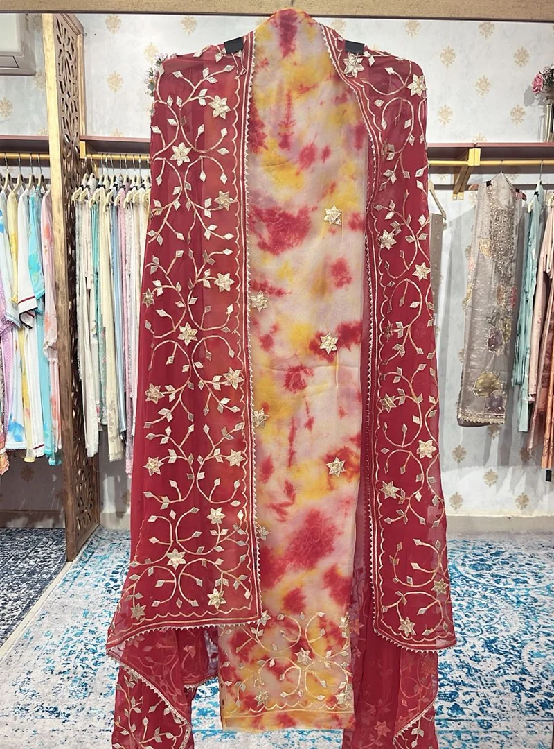 Red Gota - Pati Suit with Tie-Dye Kurta