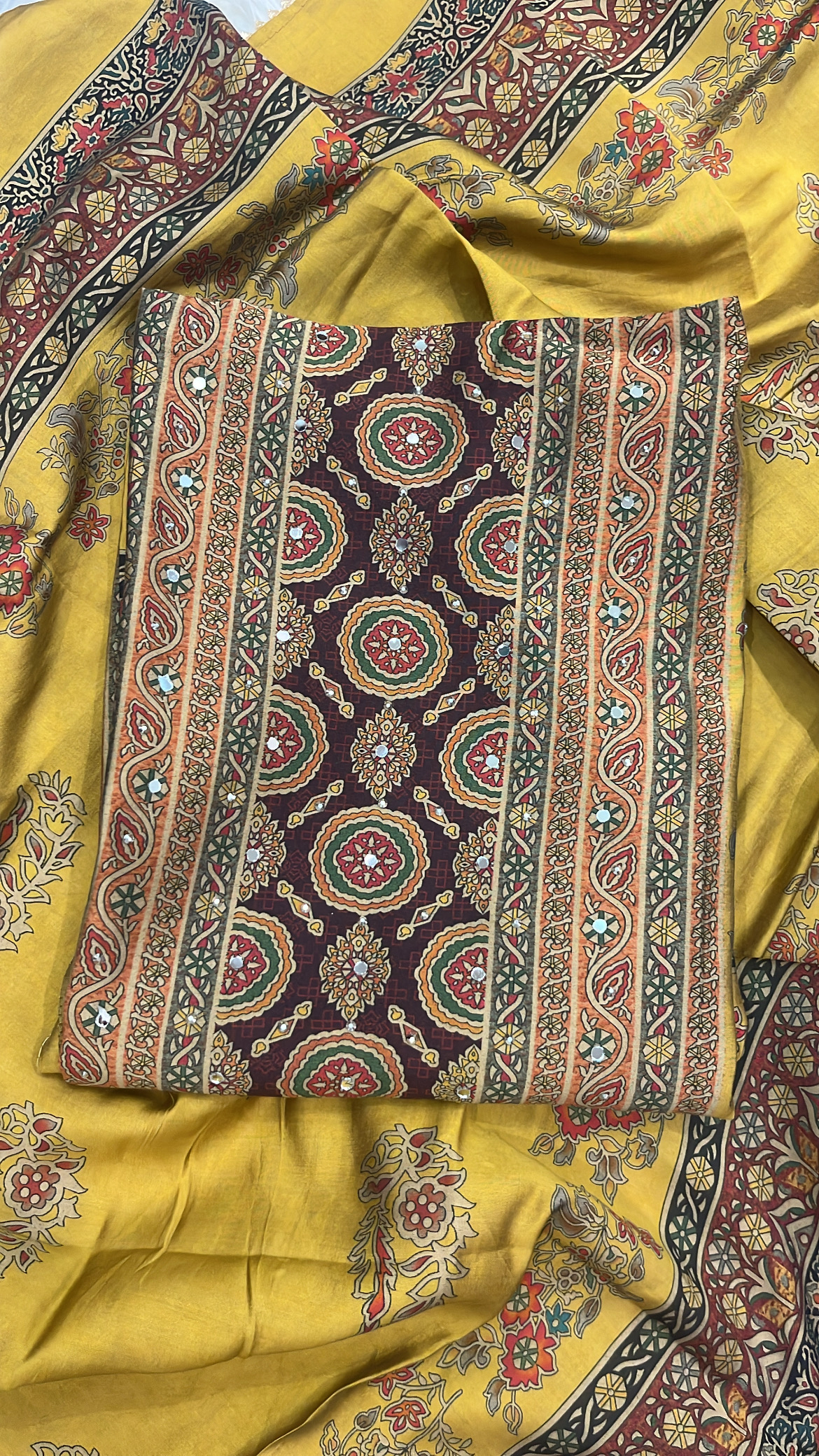 Mustard Yellow Printed Muslin Cotton Suit