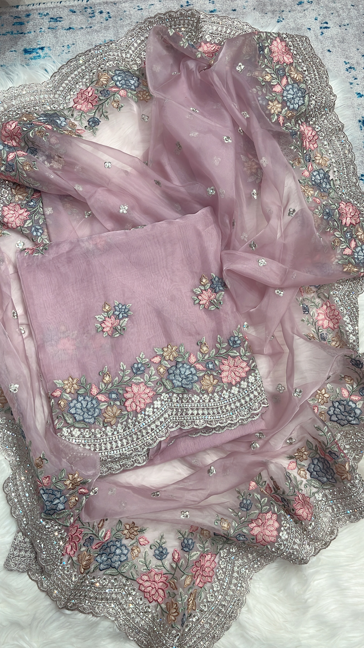 Organza Tissue with Parsi thread and Silver Zari