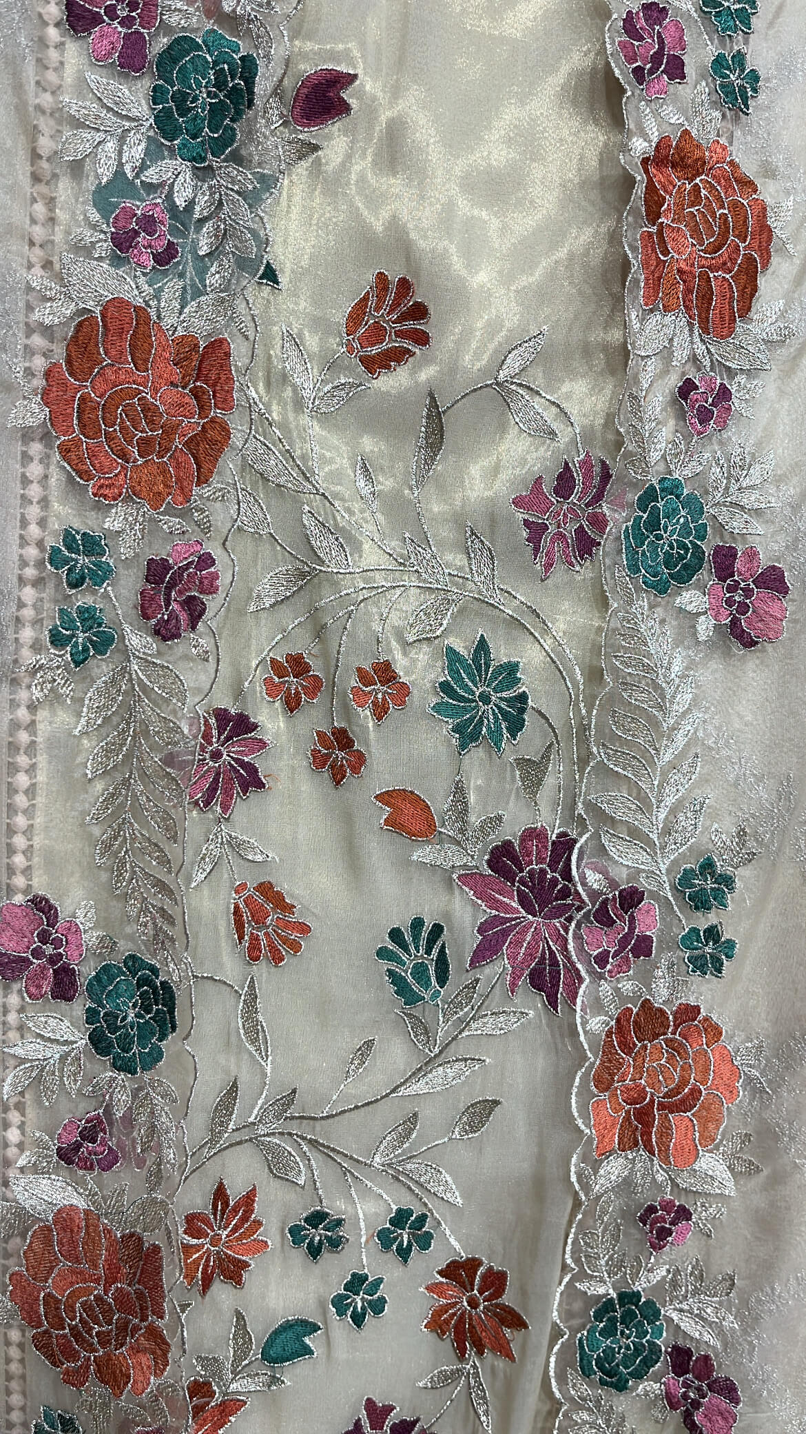 Ivory Gold Tissue Suit with colorful thread work