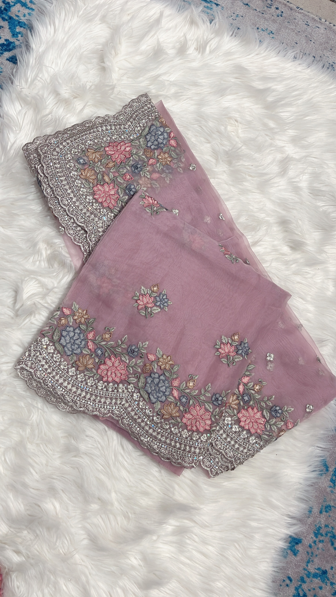 Organza Tissue with Parsi thread and Silver Zari