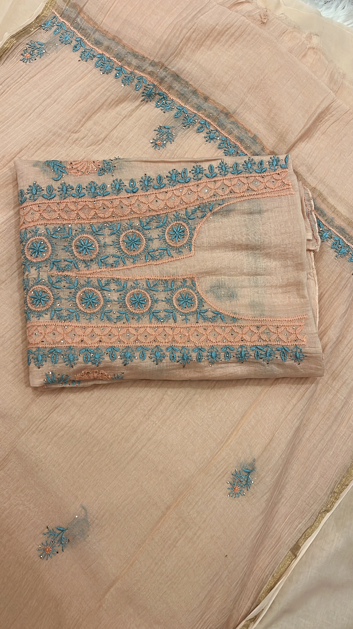 Embroidered Peach Lucknowi Mul Cotton Suit