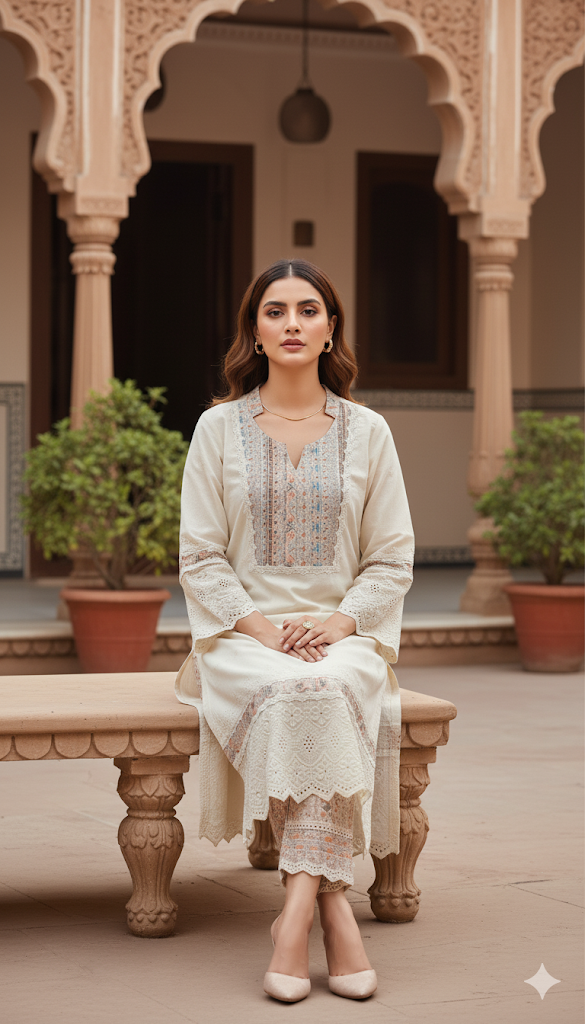 Beige ChikanKari Cotton Kurta Set