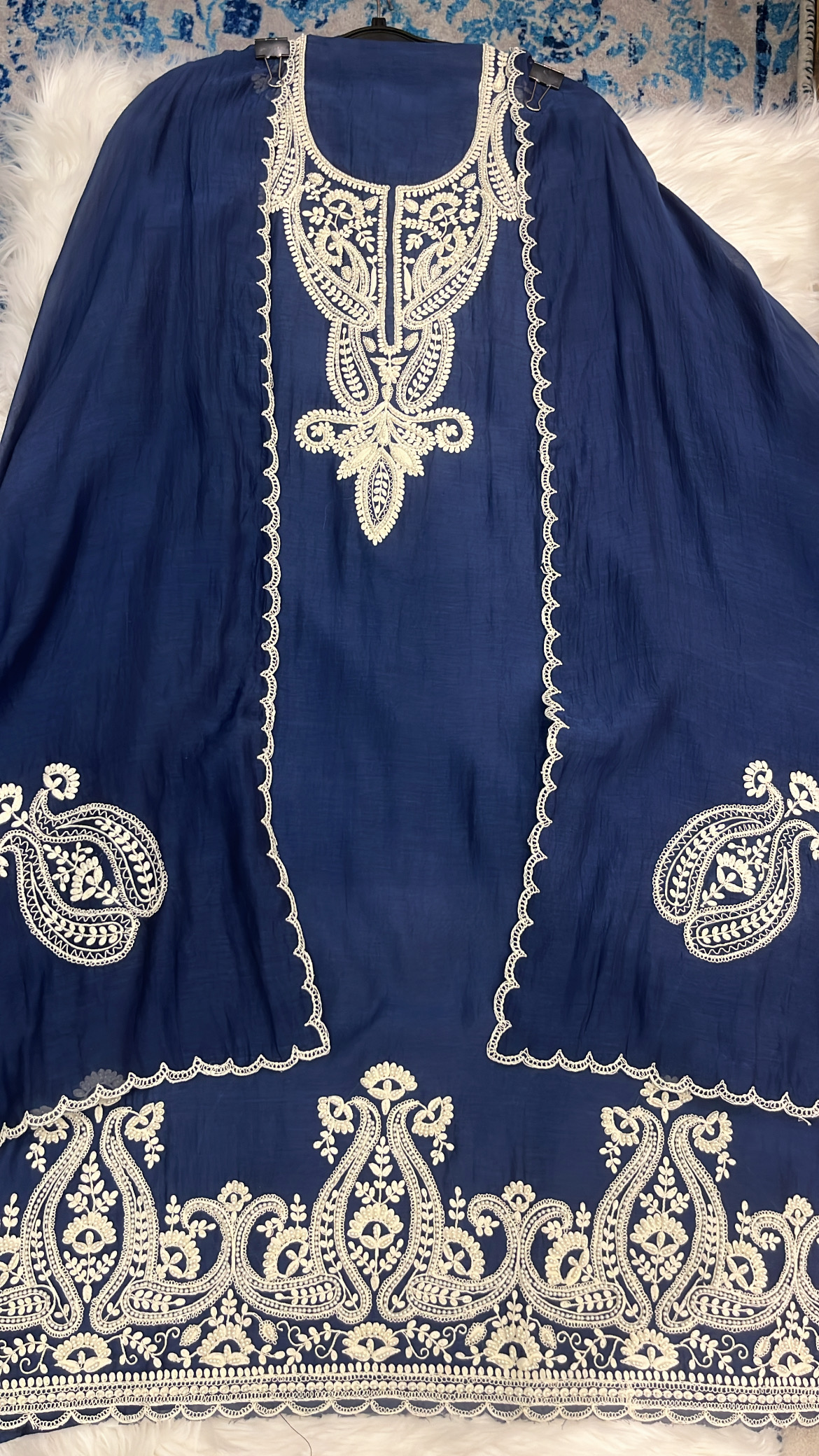 Traditional Blue Embroidered Suit with Pearl Work