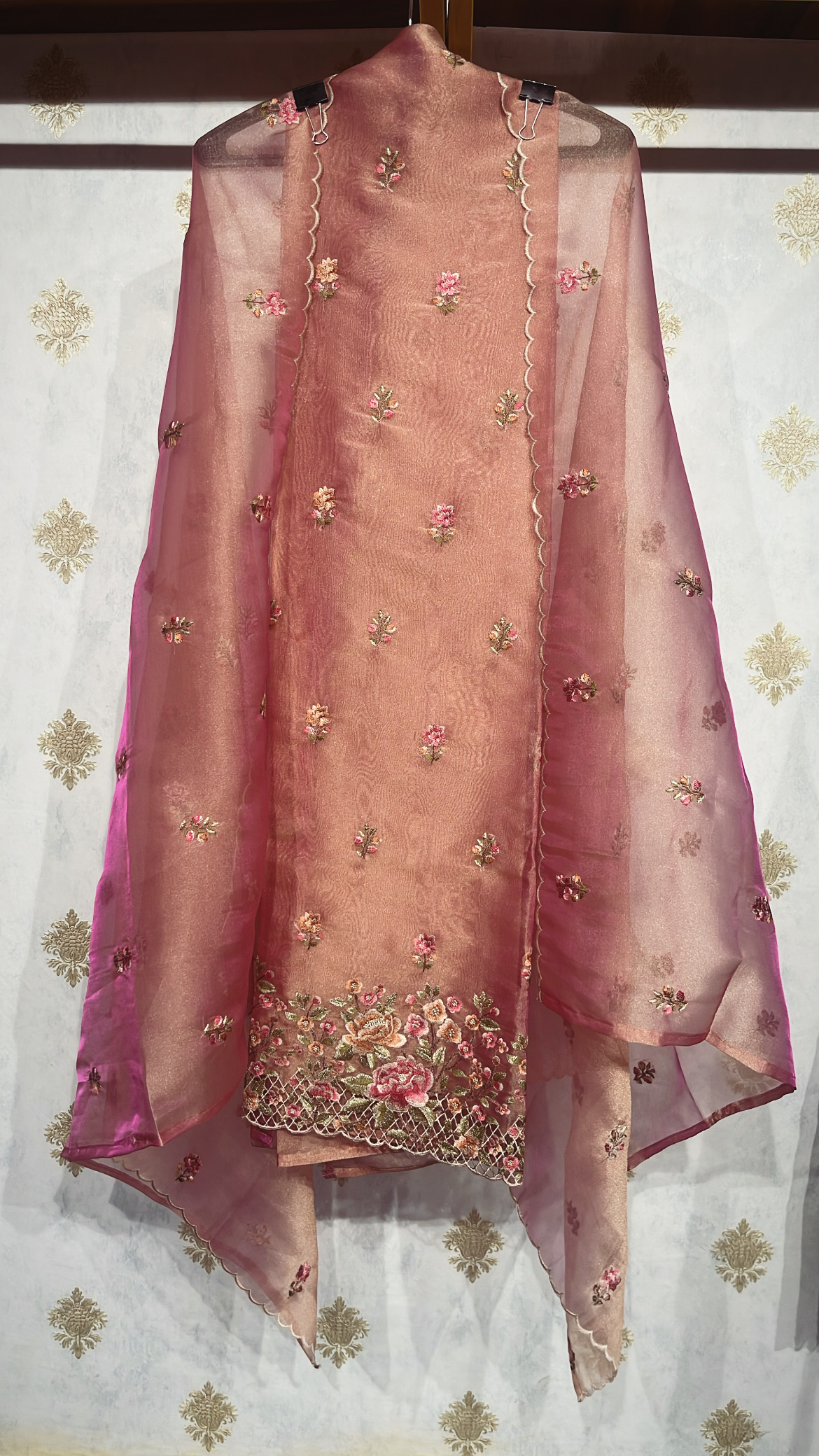 Floral Embroidered Cut-work Tissue Suit