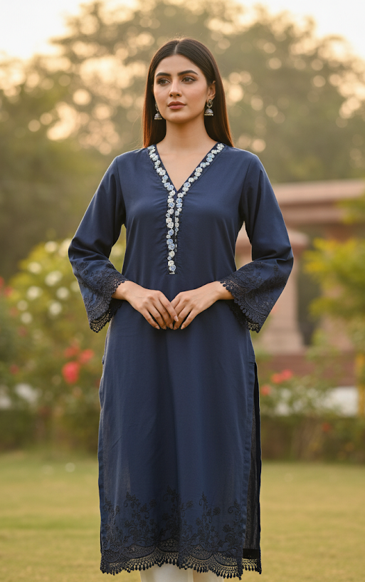 Blue Lacey Kurta Set with Cut work 