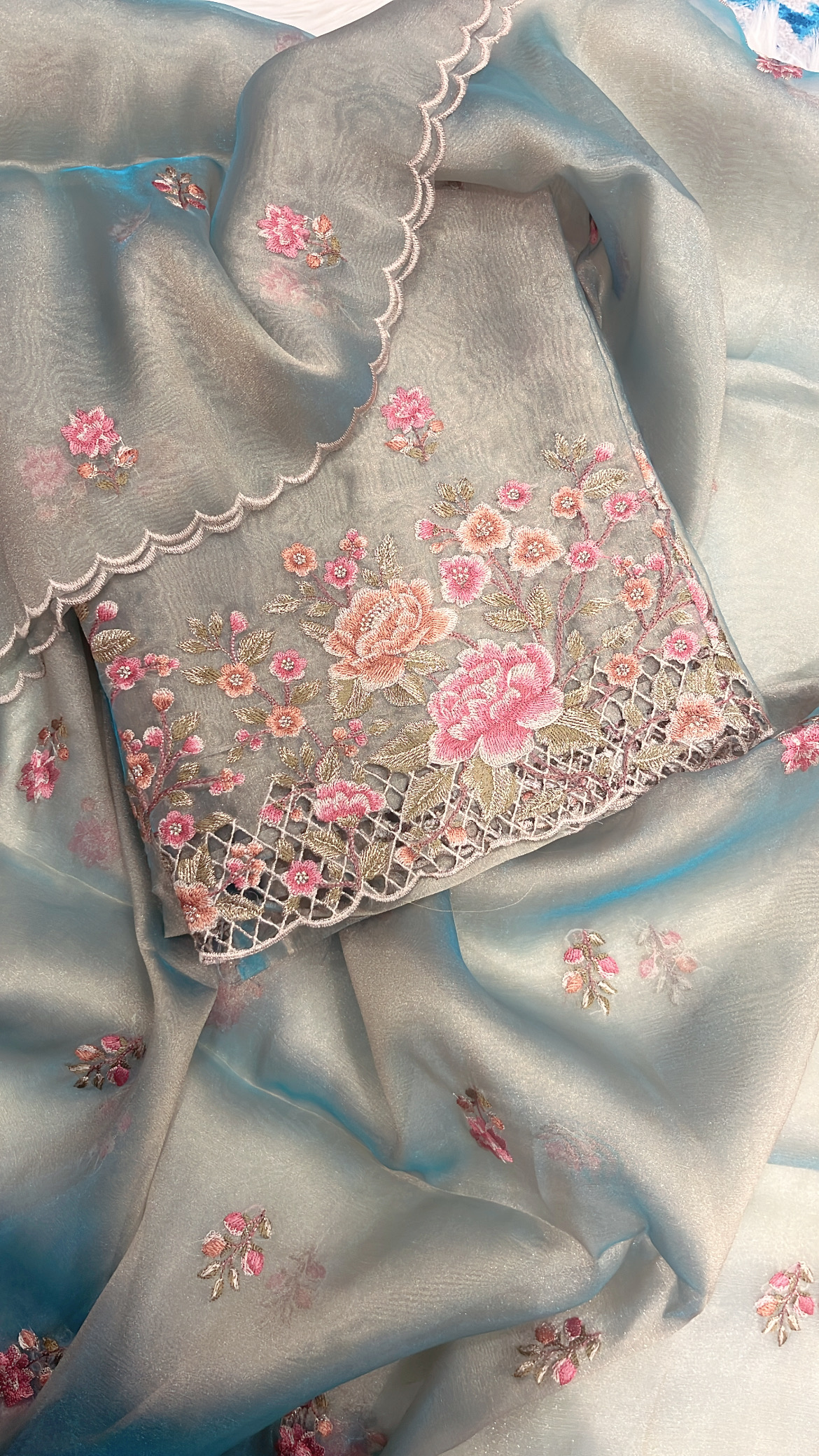 Floral Embroidered Cut-work Tissue Suit