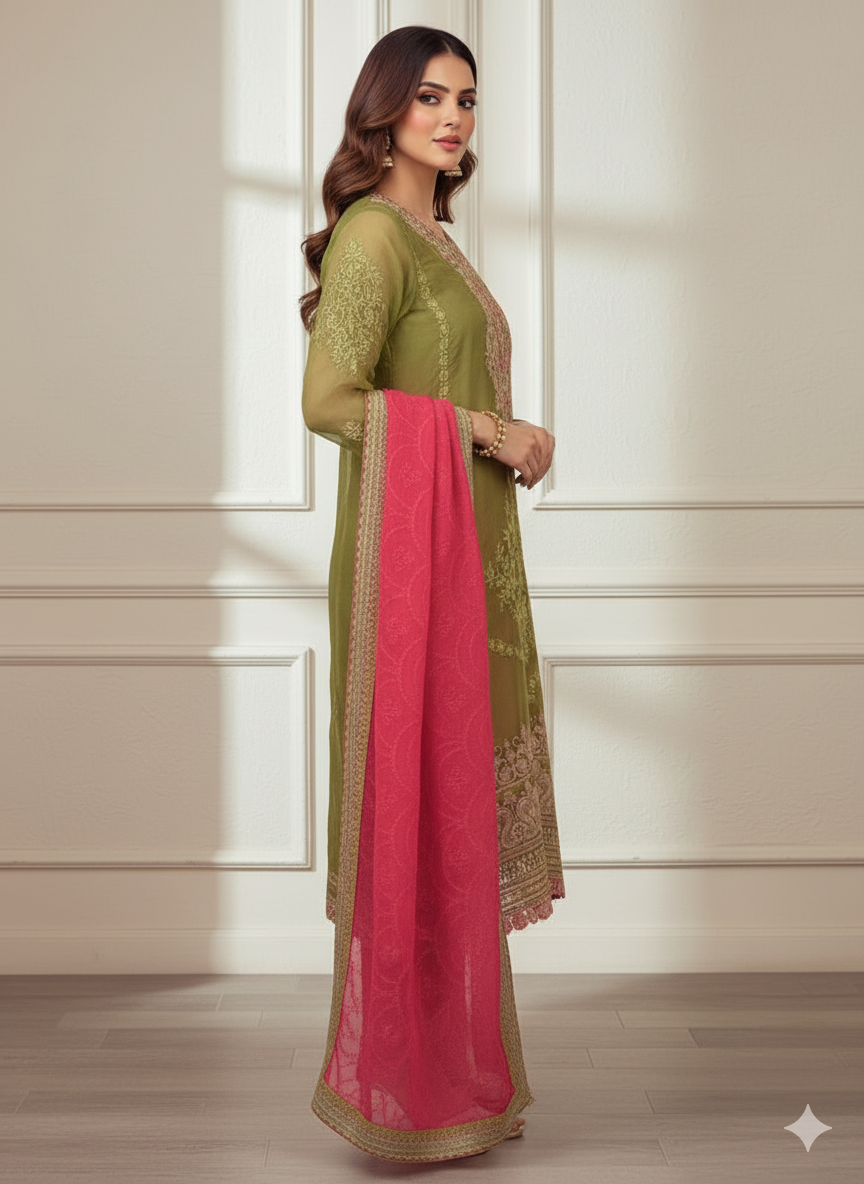 Embroidered Mehndi Green Parsi Delight