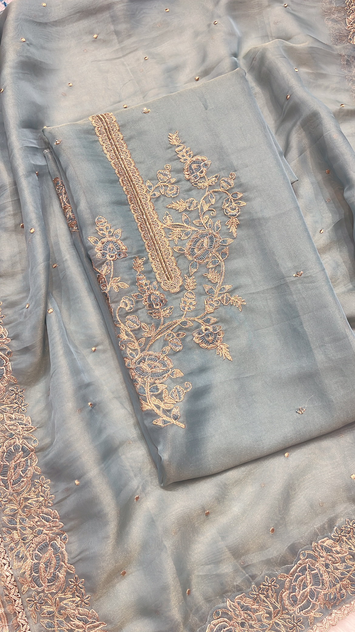 Embroidered Aqua Blue Organza Suit