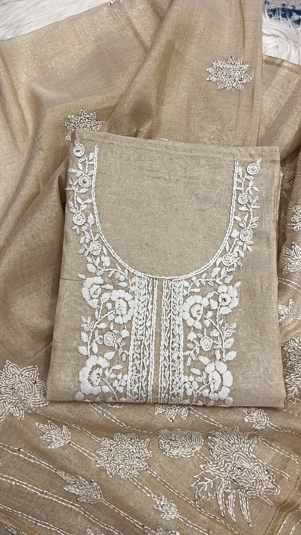 Embroidered Beige Gold Lucknowi Tissue Suit