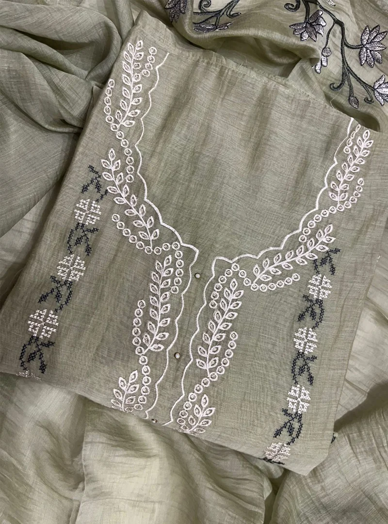 Olive Green Pure Mul Cotton Suit