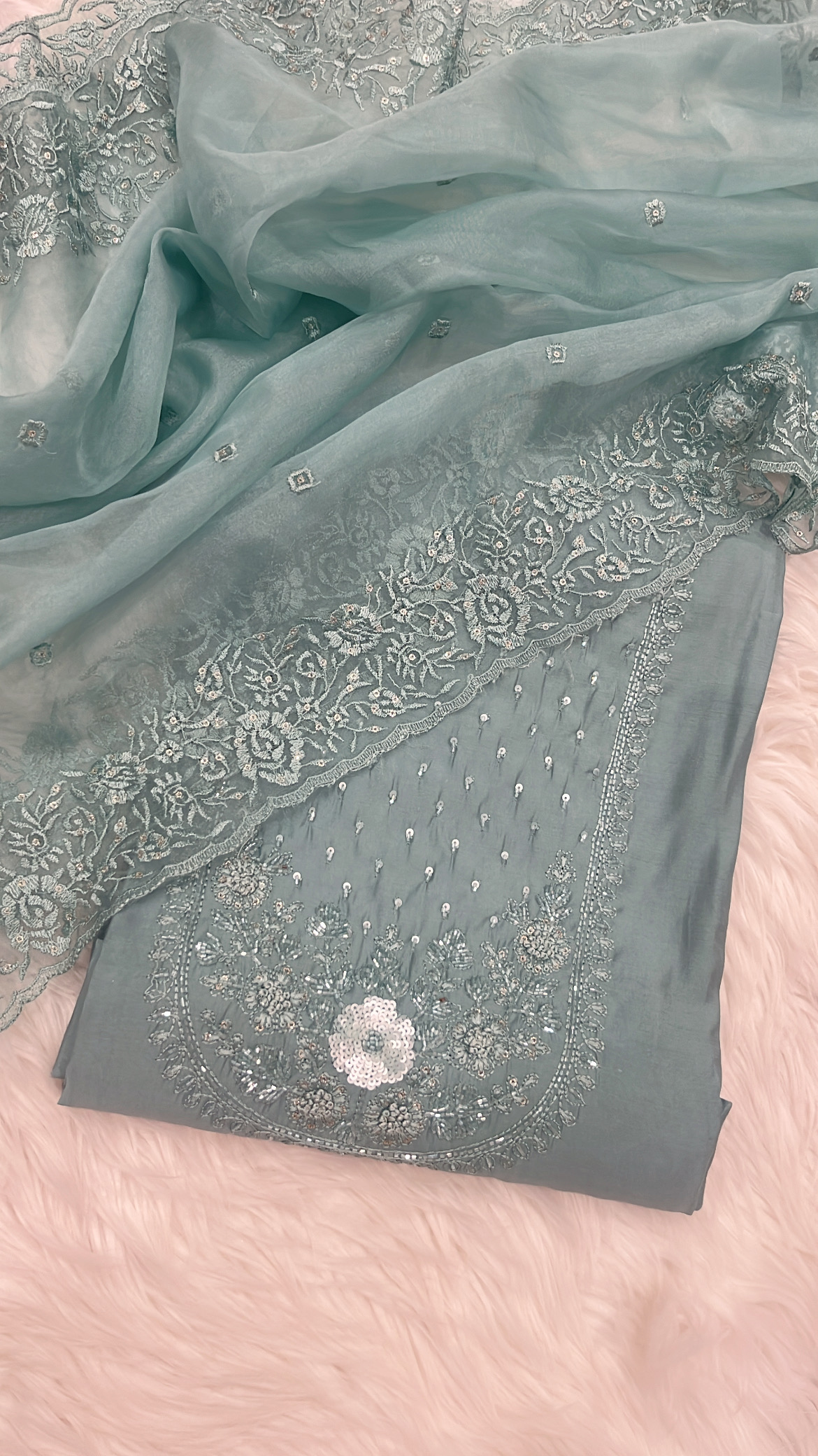 Teal Green Embroidered Muslin Cotton Suit