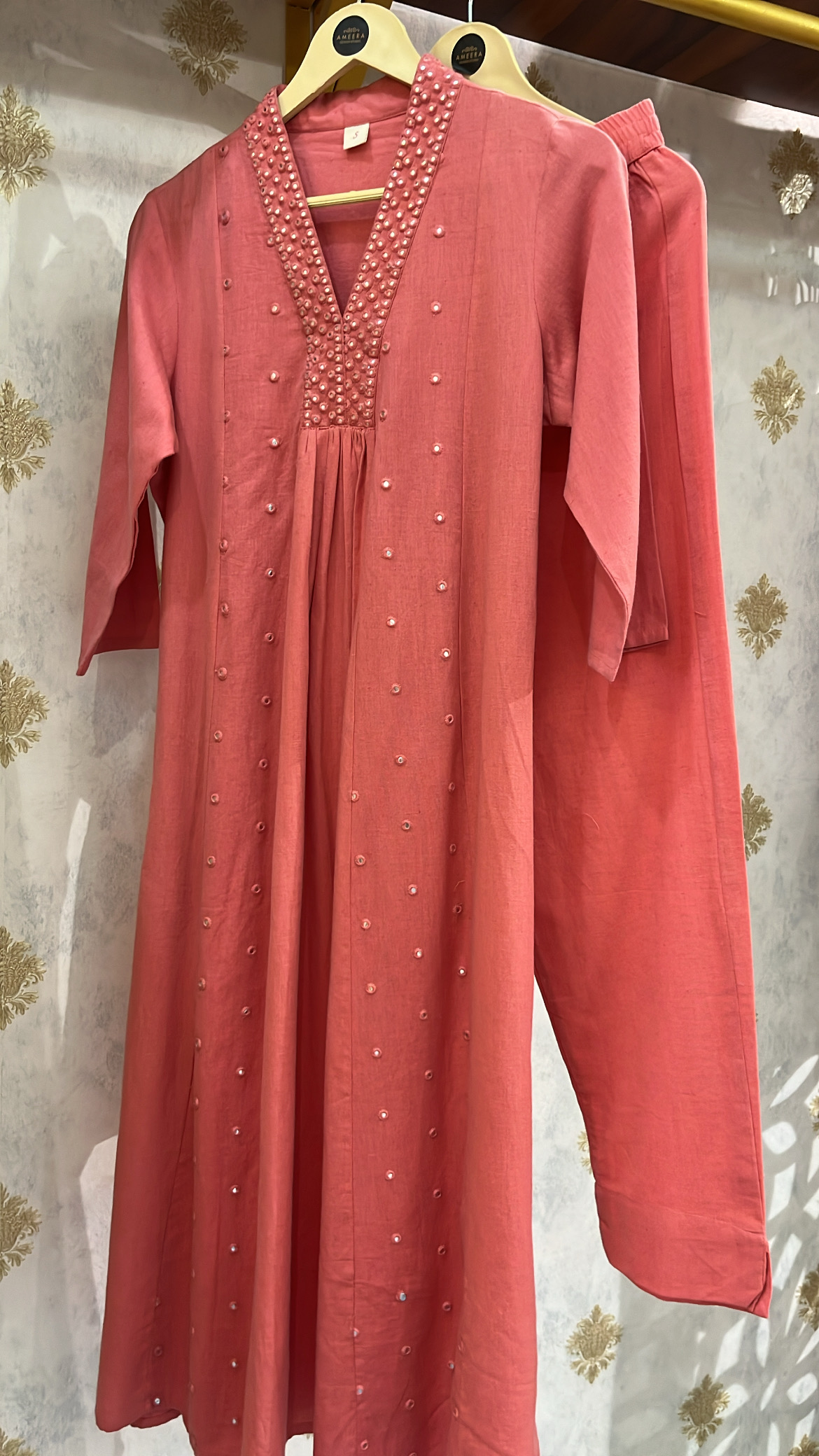 Carrot Red Kurta Set with Mirror Work