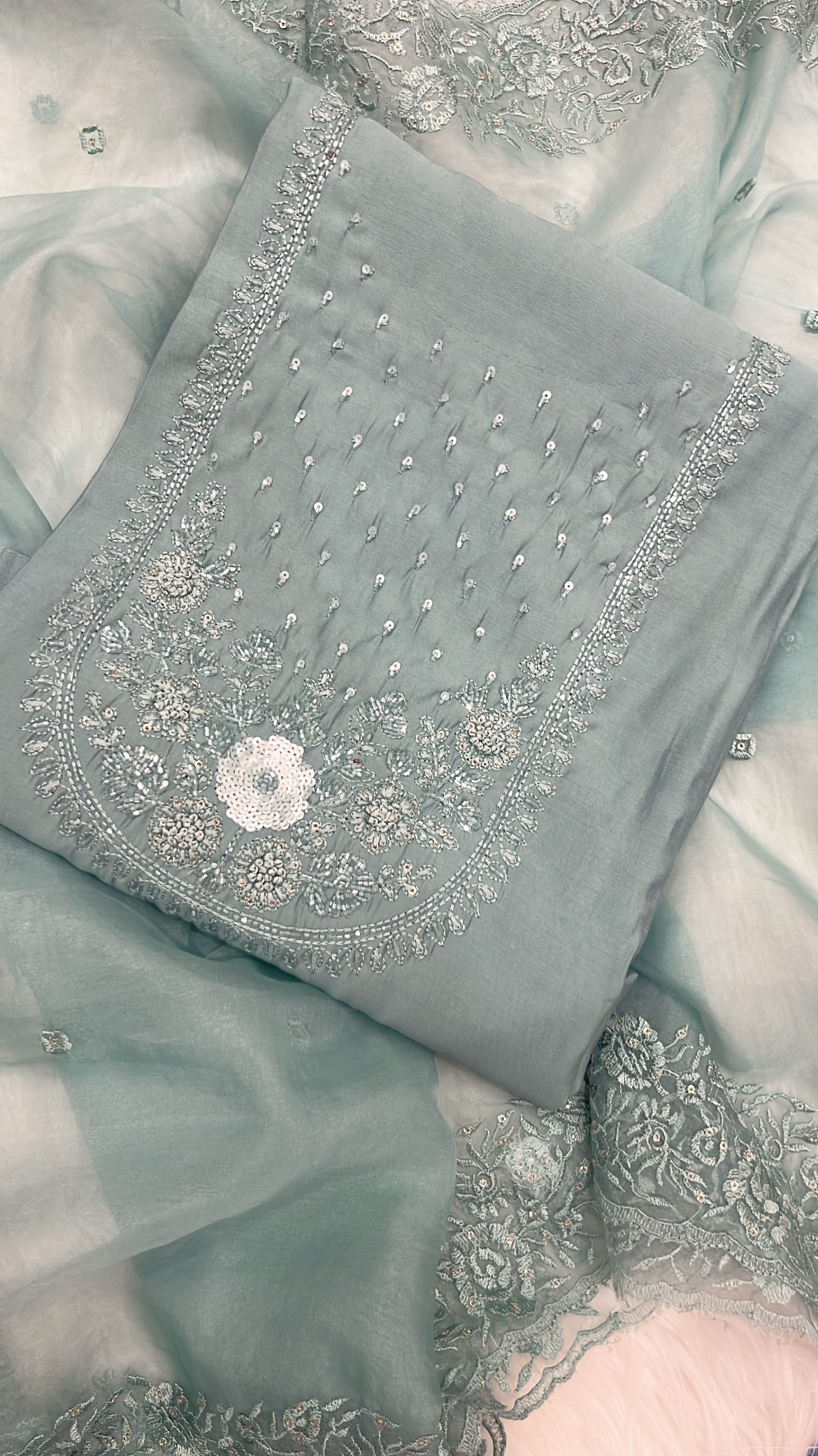 Teal Green Embroidered Muslin Cotton Suit