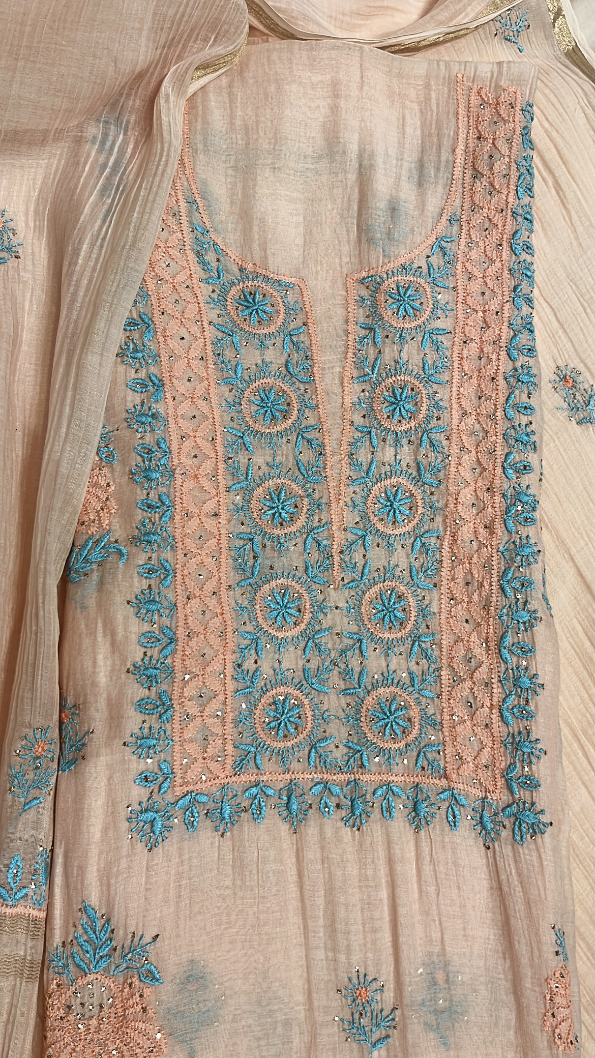 Embroidered Peach Lucknowi Mul Cotton Suit