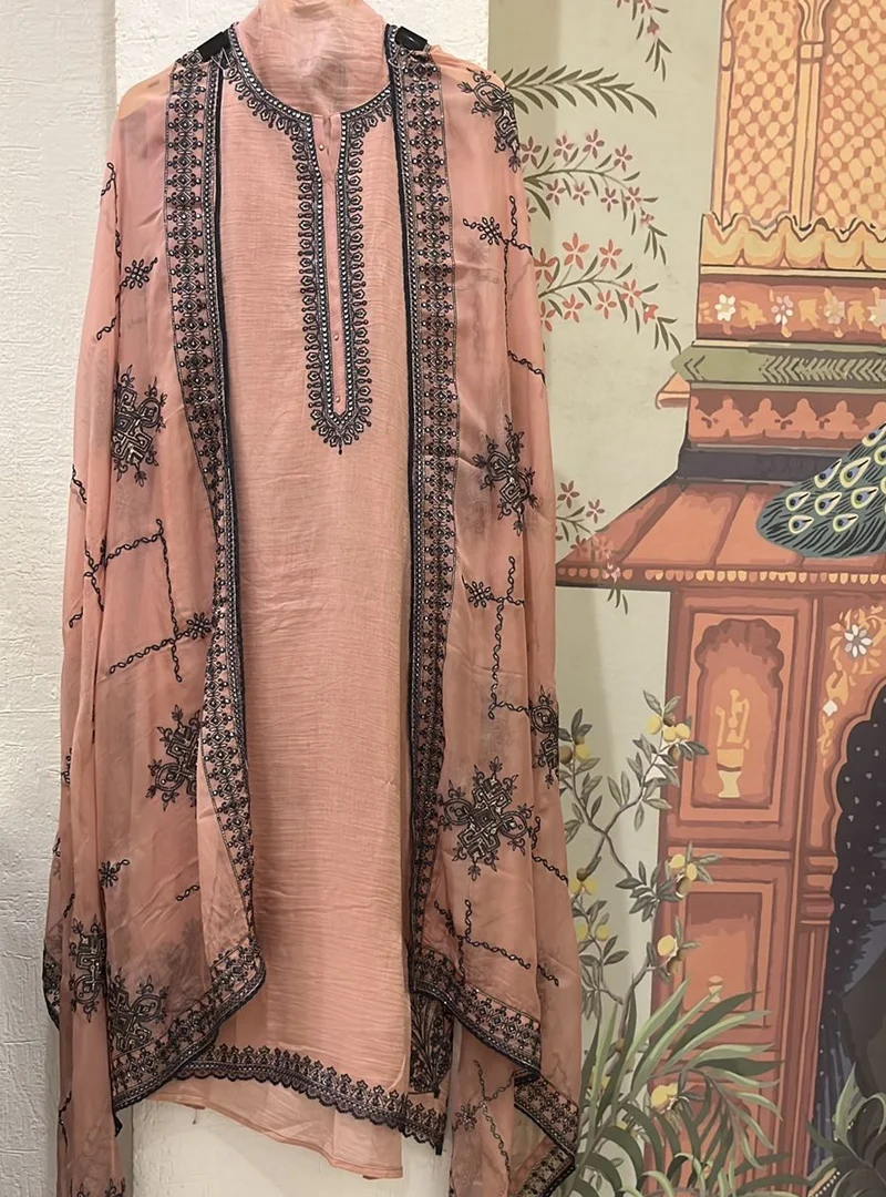 Peach Embroidered Mul Cotton Suit