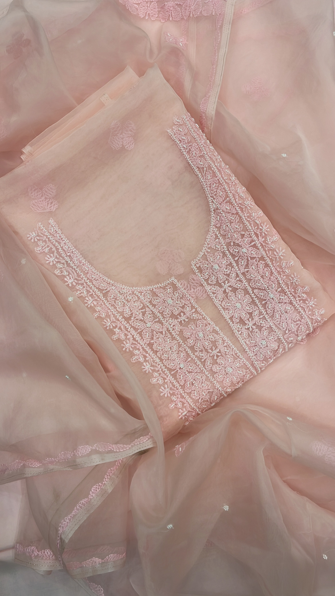Embroidered Soft Blush Lucknowi Organza Suit
