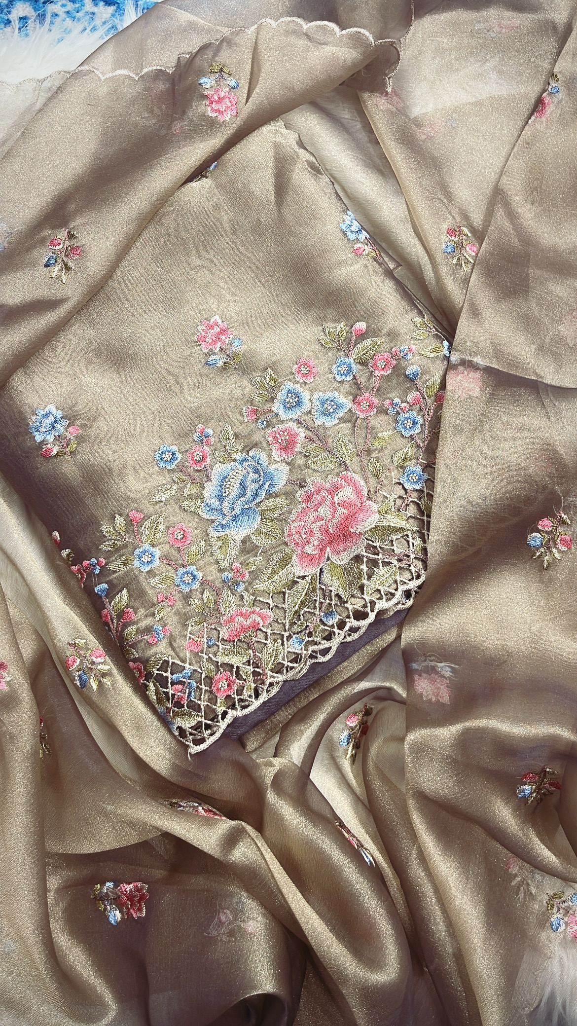 Floral Embroidered Cut-work Tissue Suit