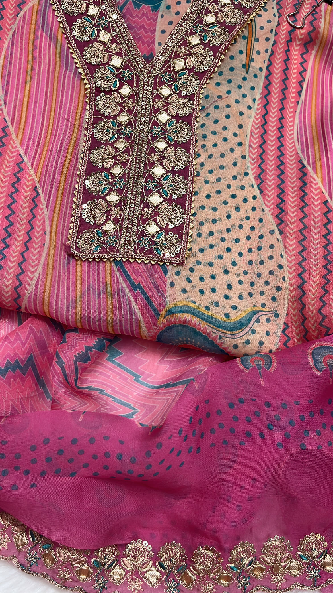 Printed Organza Suit with Zari Embroidery